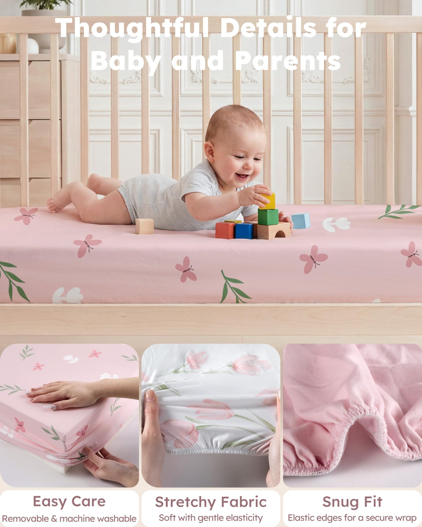 Nyessmee Mini Crib Sheets for Girls, 38" x 26" Pack and Play Fitted Sheets for Pack n Play Mattress, Soft Breathable Playard Sheets, 2-Pack Pink Tulips