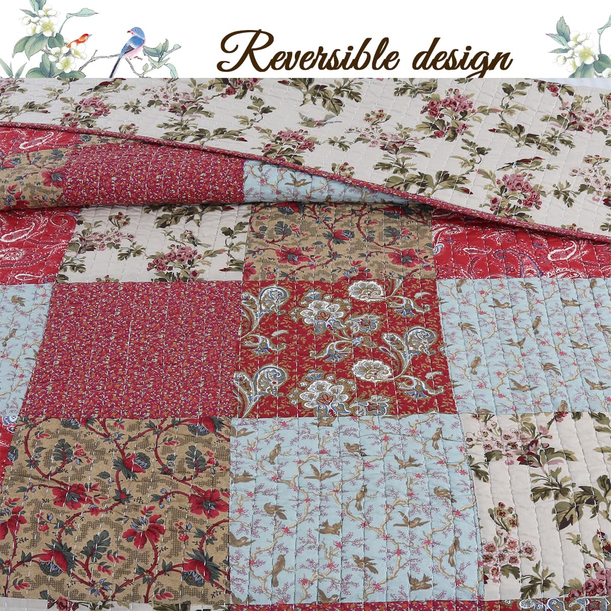 Cozy Line Home Fashions 100% Cotton Hand Piecing Real Patchwork Red Teal Khaki Floral Country Reversible Coverlet Bedspread Quilt Bedding Set for All Seasons (Red Aqua, King - 3 piece)