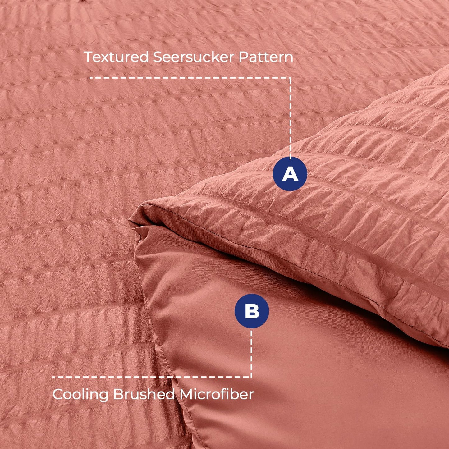 HYMOKEGE Coral Oversized Queen Comforter Set Seersucker 7 Pieces, All Season Luxury Bed in a Bag for Bedroom, Bedding Set with Comforter, Sheets, Pillowcases & Shams