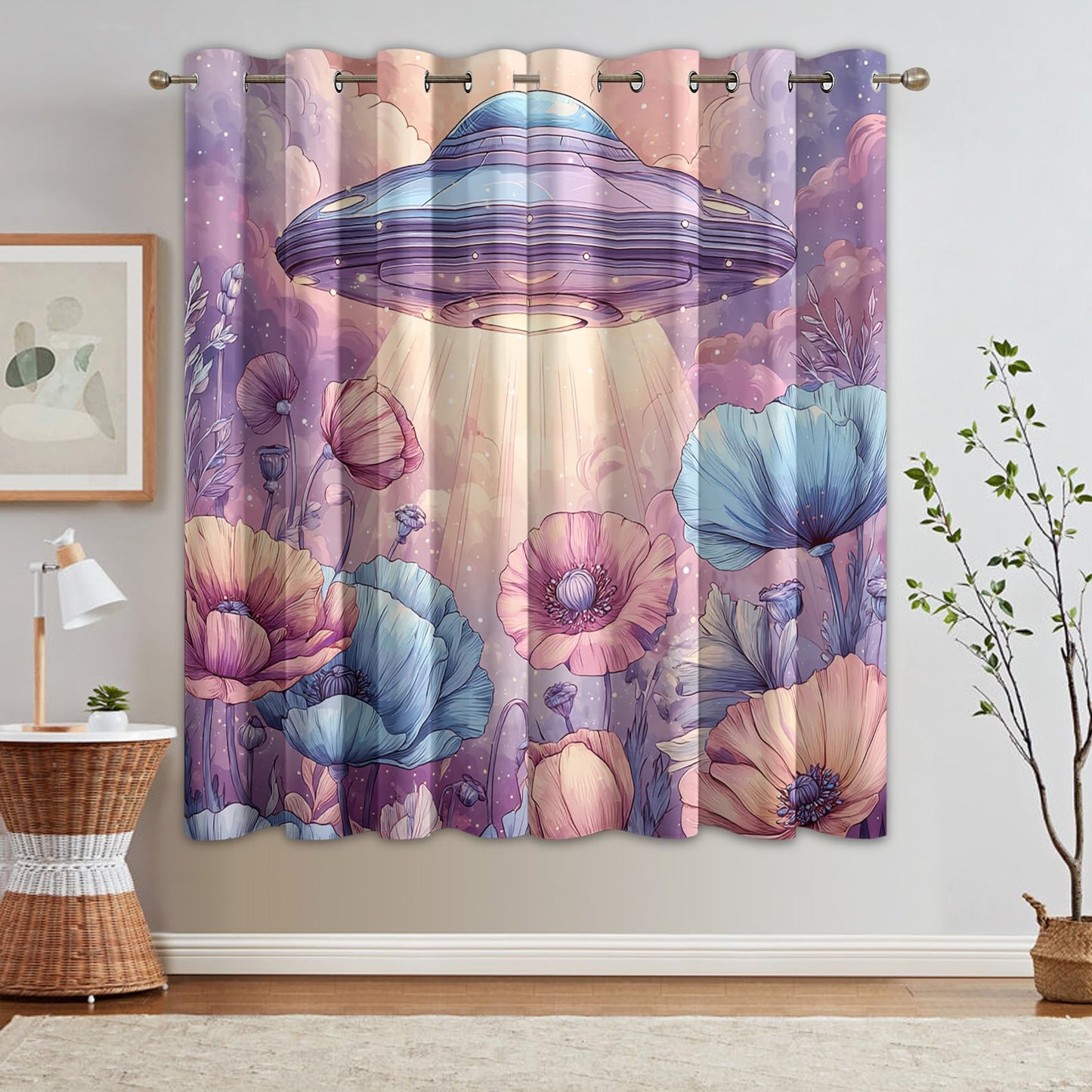 Spaceship UFO Curtains Blackout, 39 Inch - Sci Fi Floral Spacecraft Curtains for Home Decor, Kitchen, Bedroom, Spaceship UFO Room Decor Grommet Window Drapes, 2 Panels Set 27.5x39 U569