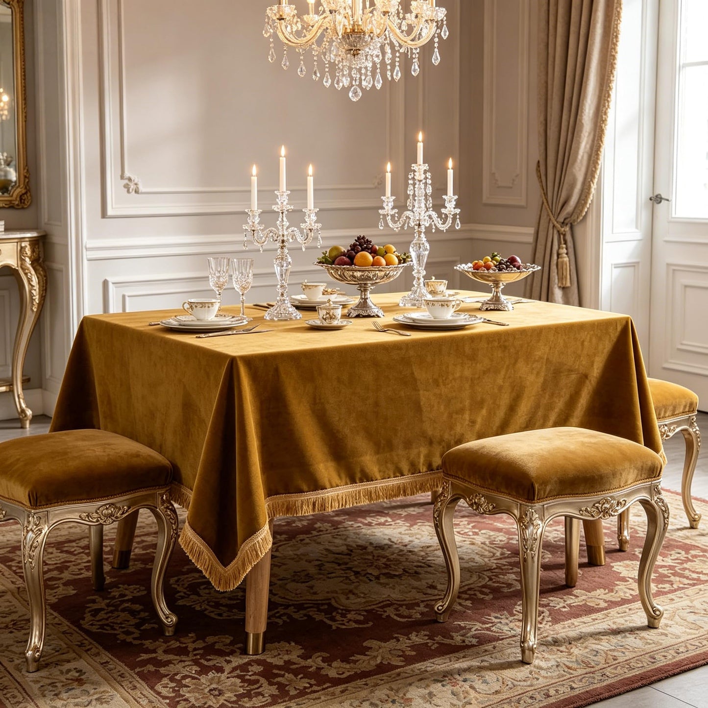 FAIRY KAARI Velvet Tablecloth Luxurious Camel Rectangle Table Tablecloth Thickset with Luxurious Gold Tassels Table Cloth for Home Decor Christmas Wedding, Party, Banquet and Events 55X86inch