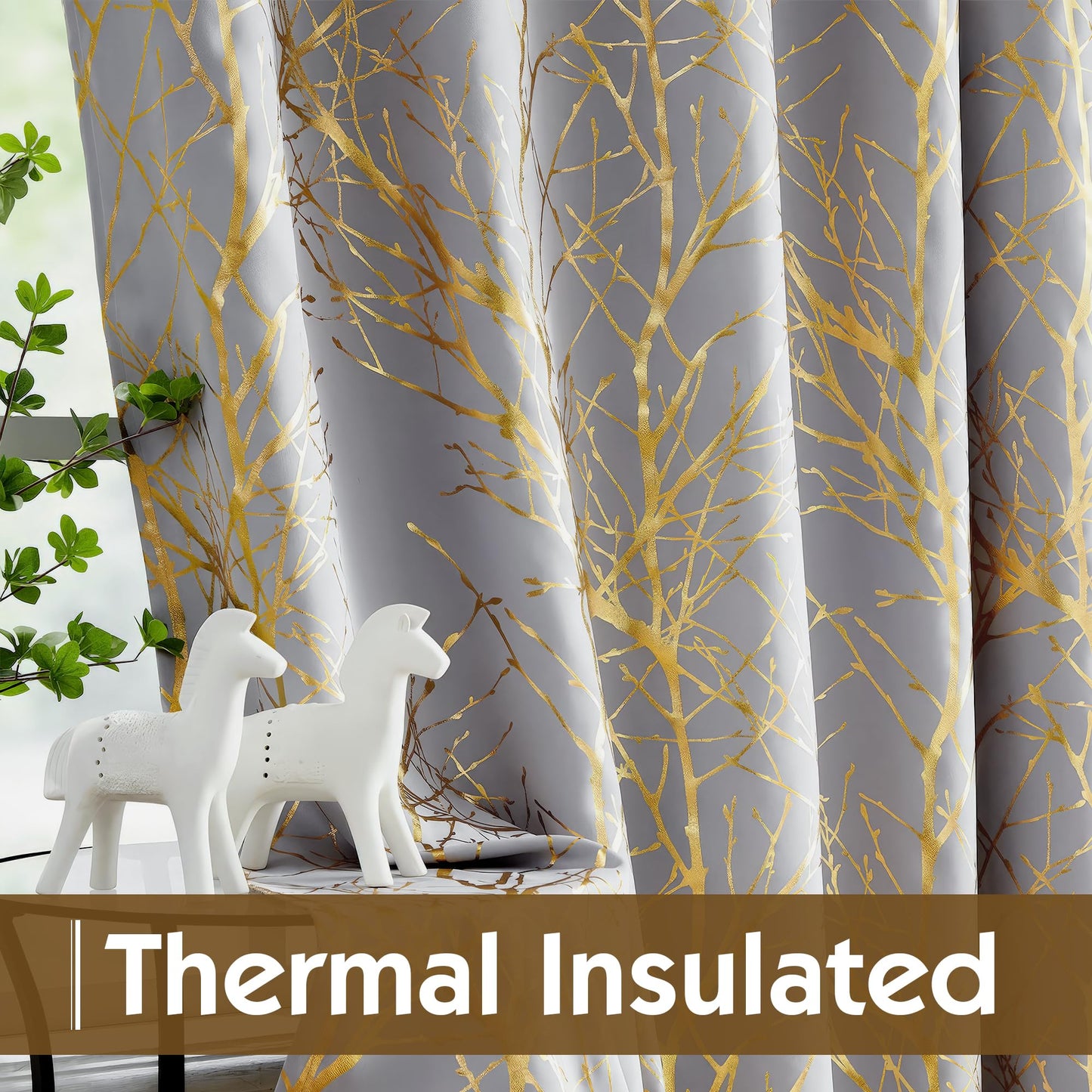 FMFUNCTEX 100% Blackout Curtains for Bedroom, Curtains 45 Inch Length Gold on Grey Tree Curtains for Living Room, Gold Foil Room Darkening Thermal Insulated Branch Curtain, 2 Panels Grommet Top