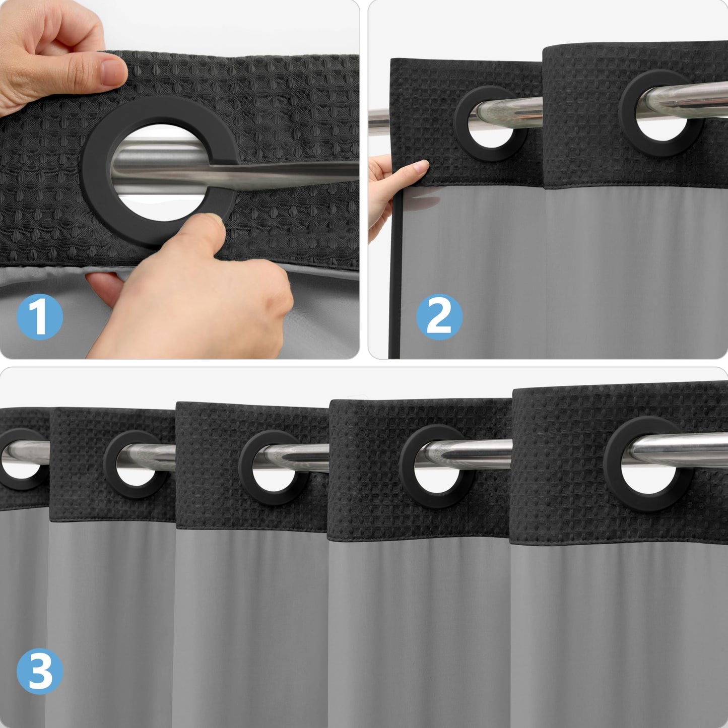 PILOTSHARK No Hook Waffle Weave Shower Curtain Set with Snap-in Fabric Liner and Mesh Top Window,256GSM Heavy Duty Fabric,Black Washable Luxury Shower Curtain for Bathroom Stalls (72x75 Inch)
