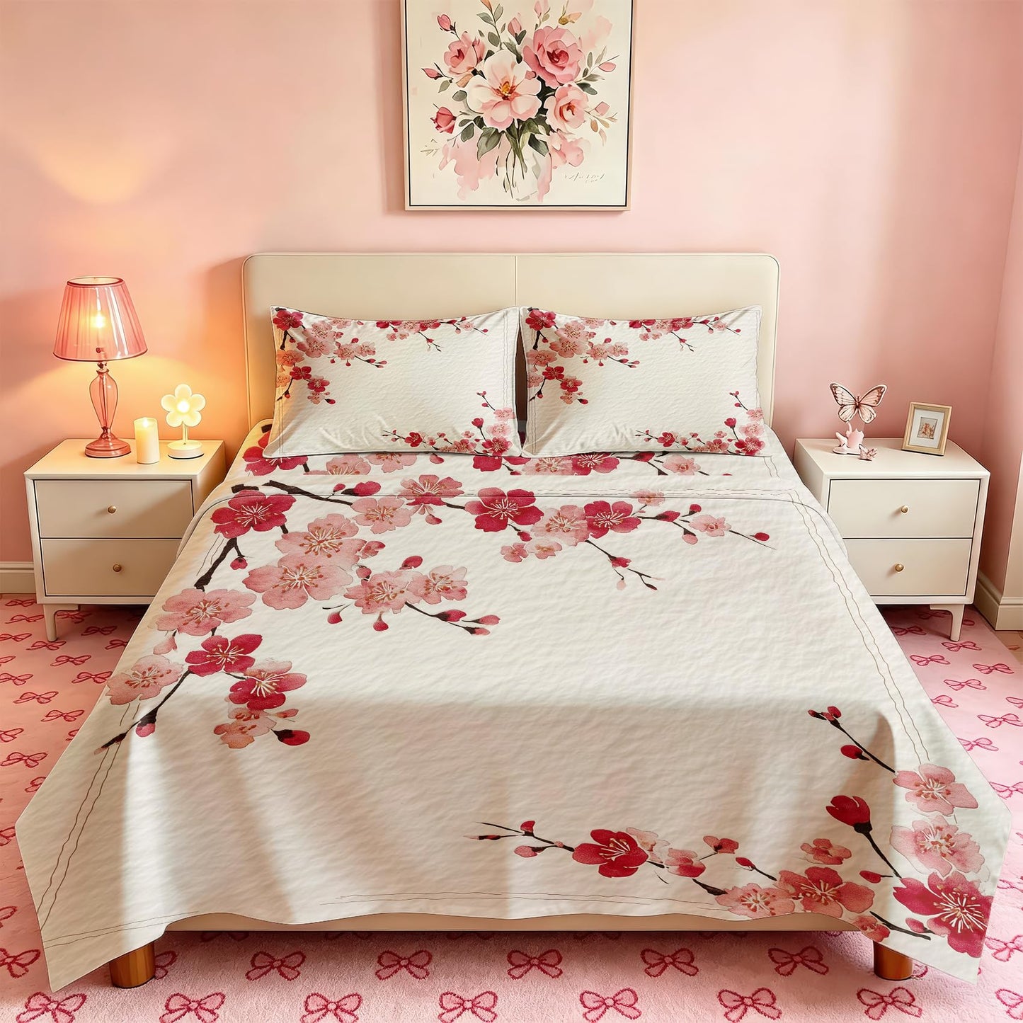 Cherry Blossom Full Sheet Set Japanese Red Flower Flat Fitted Sheet Sets