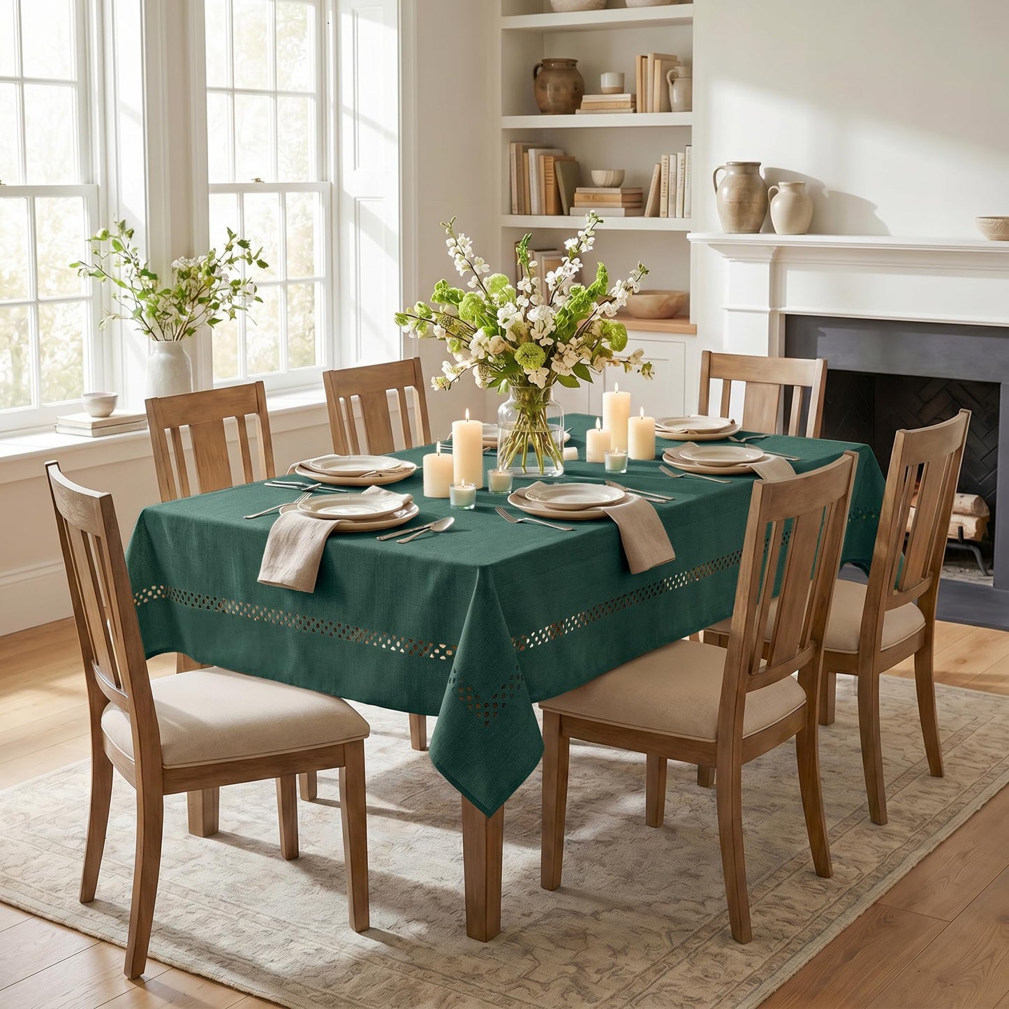 Horaldaily Green Farmhouse Style Tablecloth with Decorative Cutouts, 60×84 Inch Rectangular Polyester Table Cloth, Wrinkle Resistant Washable Table Cover for Dining Wedding and Outdoor