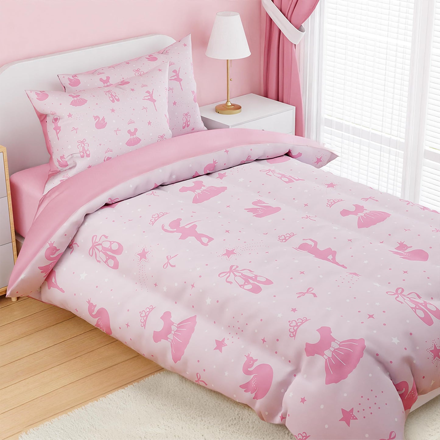 SANDJEST Ballerina Comforter Set Twin Size 68x86in for Kids Girls, Microfiber 3 Pcs Bedding Set Includes 1 Comforter, 1 Pillowcase, 1 Fitted Sheet, Nursery Room Decor