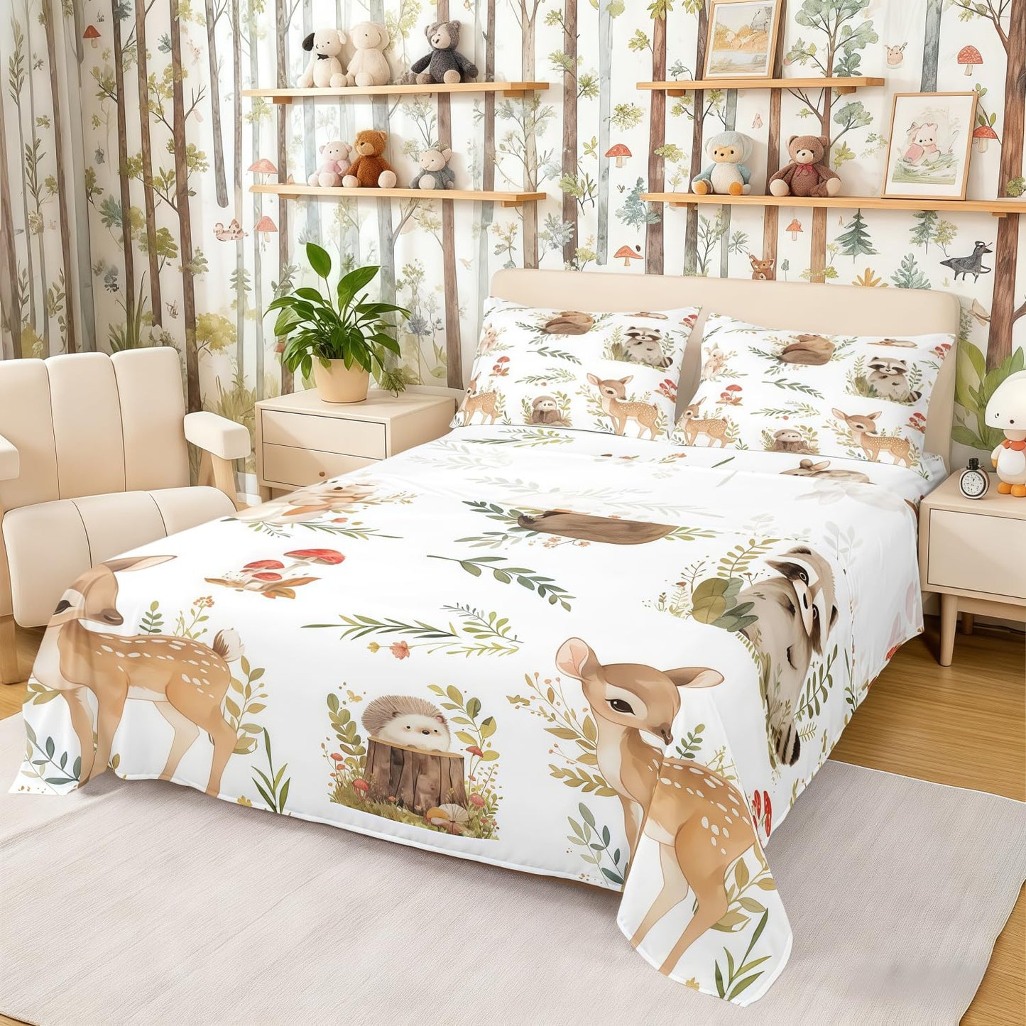 Erosebridal Woodland Animal Bed Sheets Twin Size Forest Deer Bear Sheet Set for Boys Kids Girls Cute Rabbit Hedgehog Raccoon Jungle Animal Bedding Set Cartoon Zoo Animals Flat Fitted Sheet