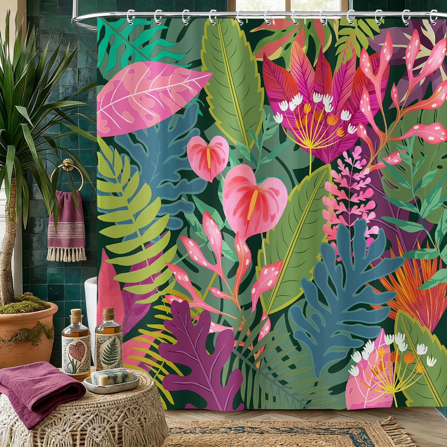 Boho Tropical Floral Shower Curtain, Green and Pink Colorful Botanical Leaf Nature Asthetic Shower Curtains Set, Modern Art Dark Polyester Fabric Shower Curtains for Bathroom with Hooks 72X72IN