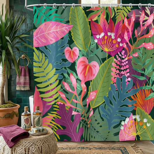 Boho Tropical Floral Shower Curtain, Green and Pink Colorful Botanical Leaf Nature Asthetic Shower Curtains Set, Modern Art Dark Polyester Fabric Shower Curtains for Bathroom with Hooks 72X72IN