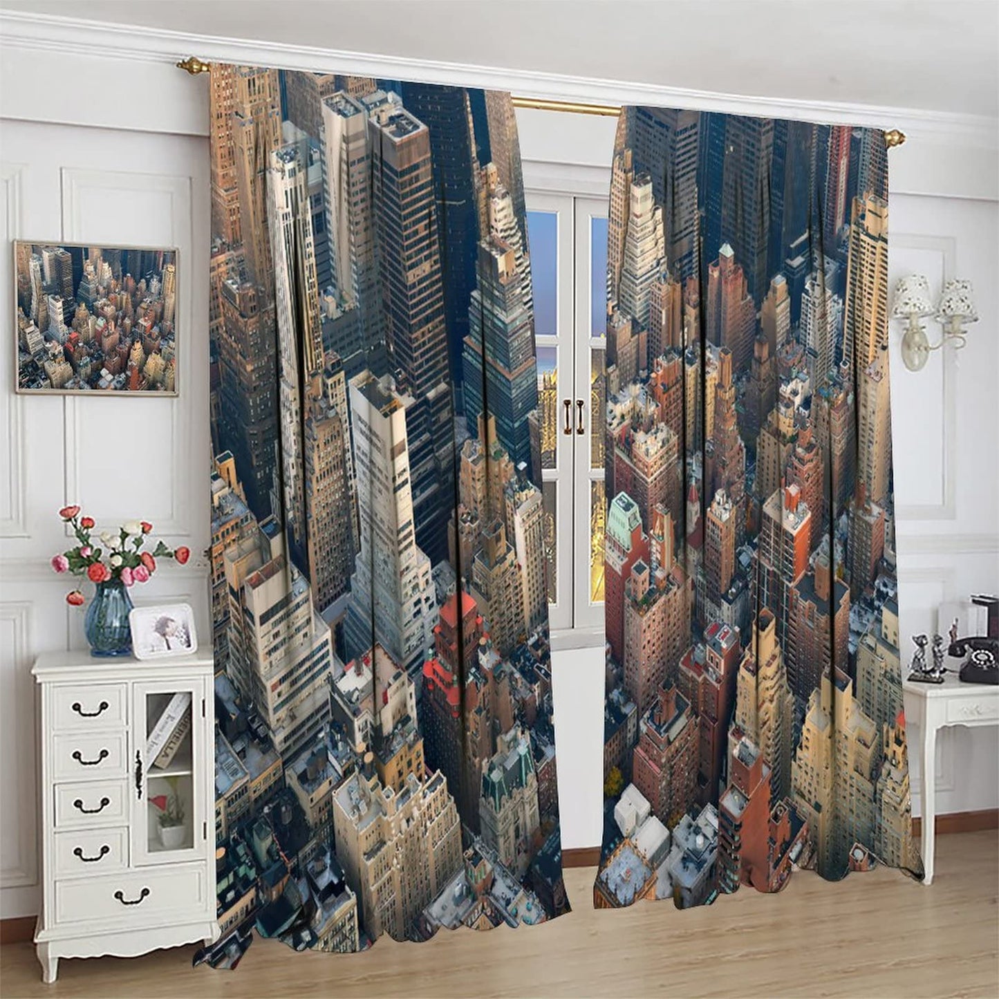 Modern Curtains,New York City Scenery at Street with Skyscrapers Buildings Blackout Window Door Curtains for Bedroom Living Room Office Decor W42xL45in