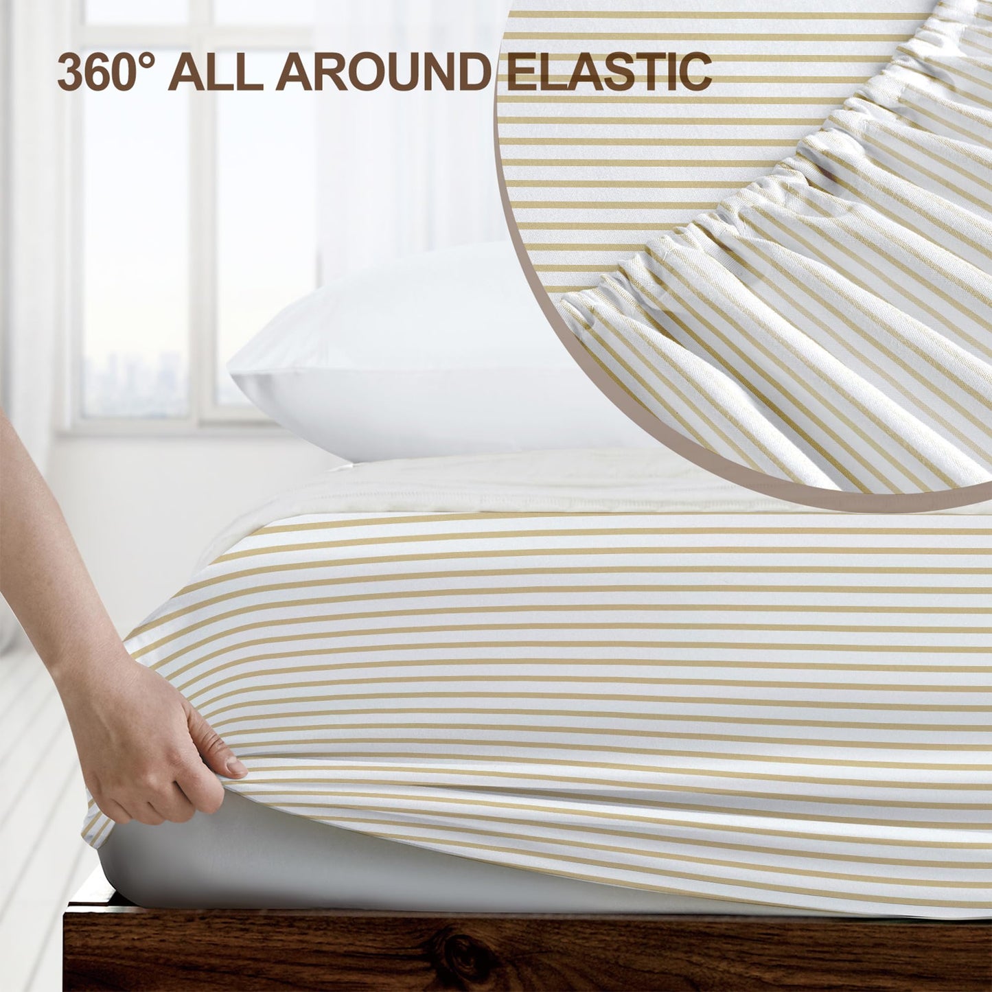 FreshCulture Queen Fitted Sheet - Hotel Quality, Ultra Soft & Breathable Brushed Microfiber, Deep Pocket, Cooling Fitted Sheets for Queen Size Bed (Stripe Beige)
