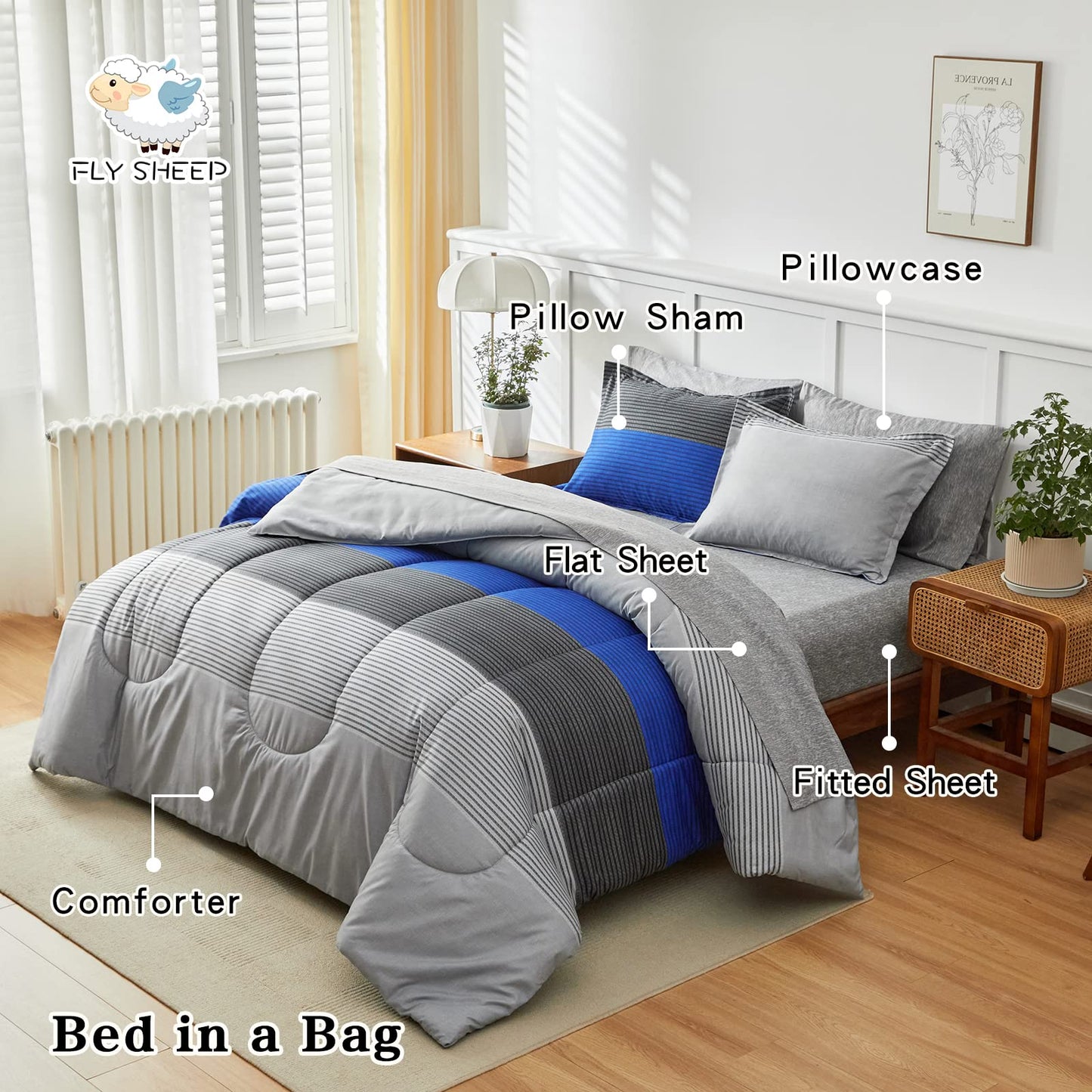 Flysheep Ombre Striped Bed in a Bag 7 Pieces Queen Size, Blue and Grey Stripes Comforter Sheet Set (1 Comforter, 1 Flat Sheet, 1 Fitted Sheet, 2 Pillow Shams, 2 Pillowcases)