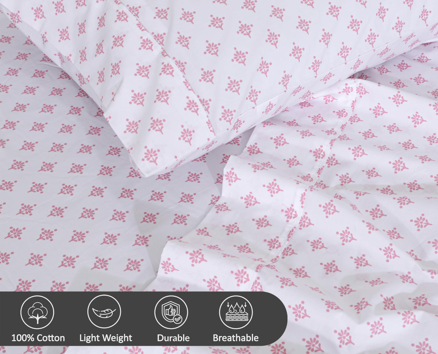 RUVANTI 100% Cotton Percale Sheets Queen Size, Block Print Motif