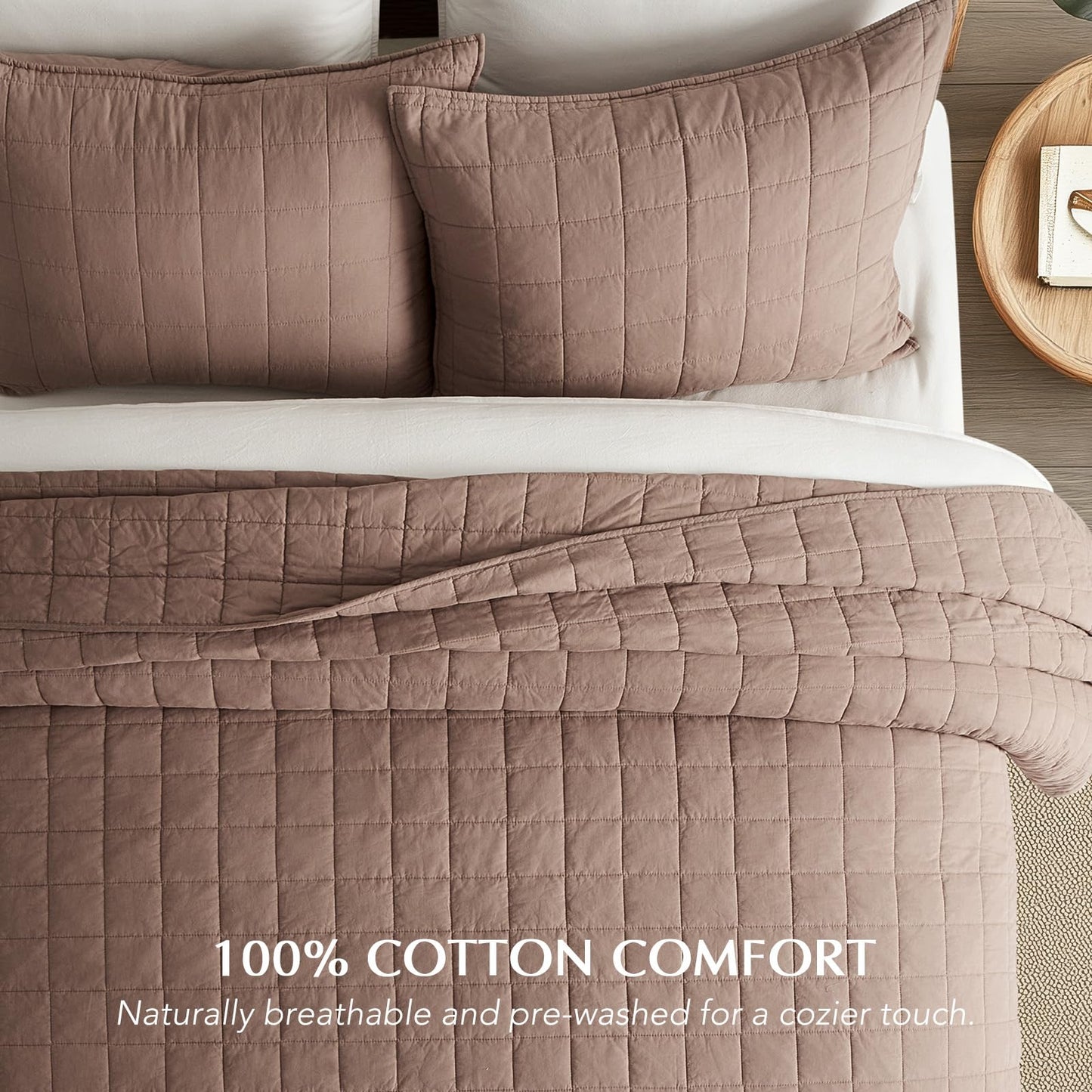 EVERGRACEHOME 100% Cotton Box Stitch Quilt Bedding Set Queen Size 3 Pieces, Garment-Washed Lightweight Soft Cozy Coverlet, Quilted Bedspread Sets with 2 Shams for All Season, Clay