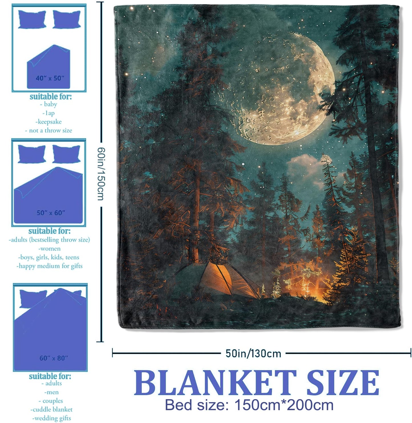 Plistiz Camping Throw Blanket 50x60, Moonlit Night Design Blankets for Living Room Decor, Cozy Warm Flannel Outdoor Adventure Gifts for Adults and Kids