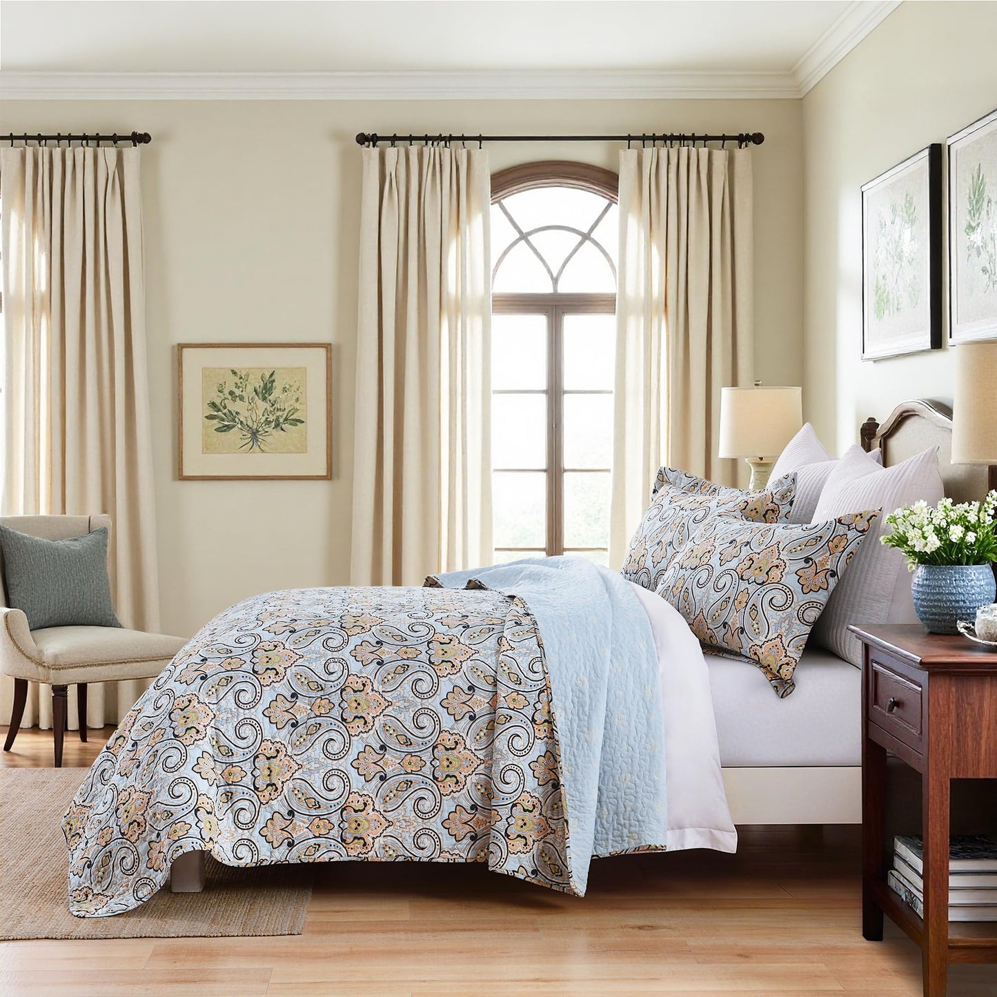 BCOTTOND Paisley King Size Quilt Set - Reversible Paisley Floral Quilts King Size, 100% Cotton Lightweight Bedspread Set, Luxury Quilt Bedding Set for King Bed, Sky Blue & Soft Orange, 106×98