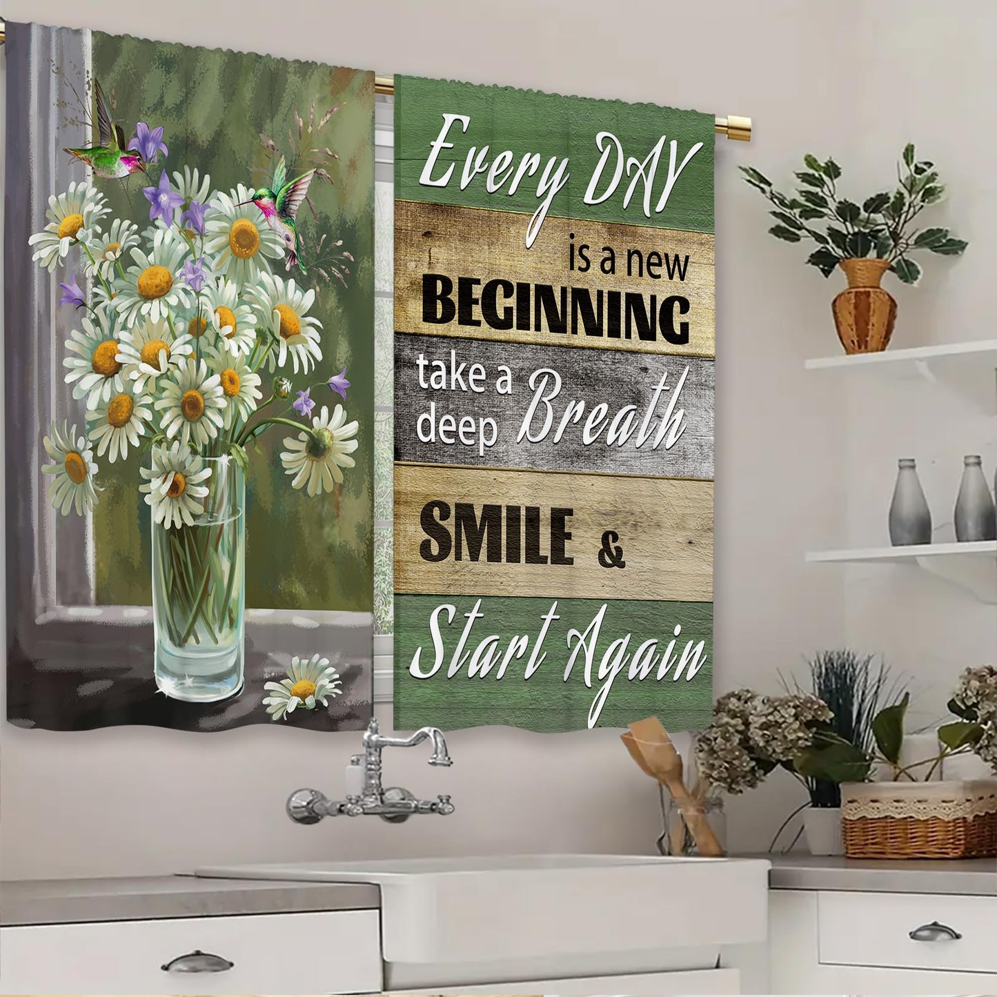 Laifzere Rustic Daisy Vase Floral Kitchen Curtains Green Wooden Farmhouse Flower Small Short Cafe Window Curtains Jesus Country Inspirational Bathroom Window Treatment Tier Curtains (27.5x39 Inch)