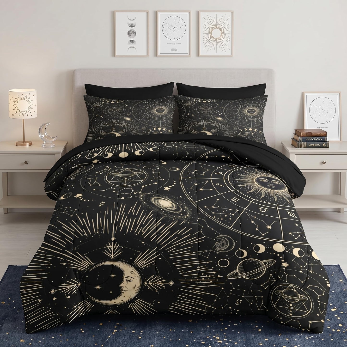 Pamnest Comforter Set Queen Size, Celestial Moon Witchy 7 Pcs Bedding for Kids and Adults, Space Science Galaxy Retro Bed Sheet Sets with Fitted Sheet 2 Pillowcases & 2 Shams for Bedroom Bed Decor
