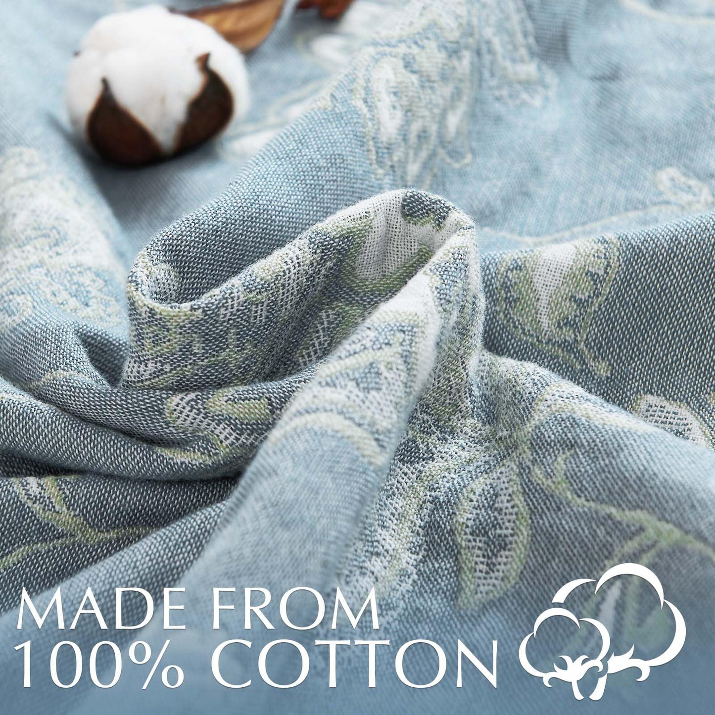 jinchan Boho 100% Cotton Muslin Twin Size 60x80 Inches Blanket Lightweight 4-Layer Quilted Soft Blue and White Floral Throw Blanket Green Accents Reversible Comfy Flower Summer Couch Bedroom Decor