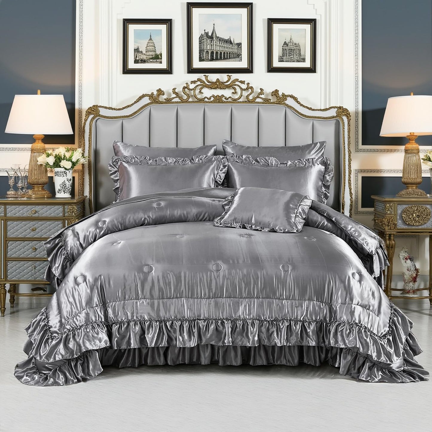 Grey Satin Comforter Set with Sheets,Silk Like Satin Ruffle Bed Duvet Set,Silky Luxury Bed in a Bag King Bedding Set 8 Pcs,1 Comforter,4 Pillowcases,1 Flat Sheet,1 Fitted Sheet,1 Cushion Cover