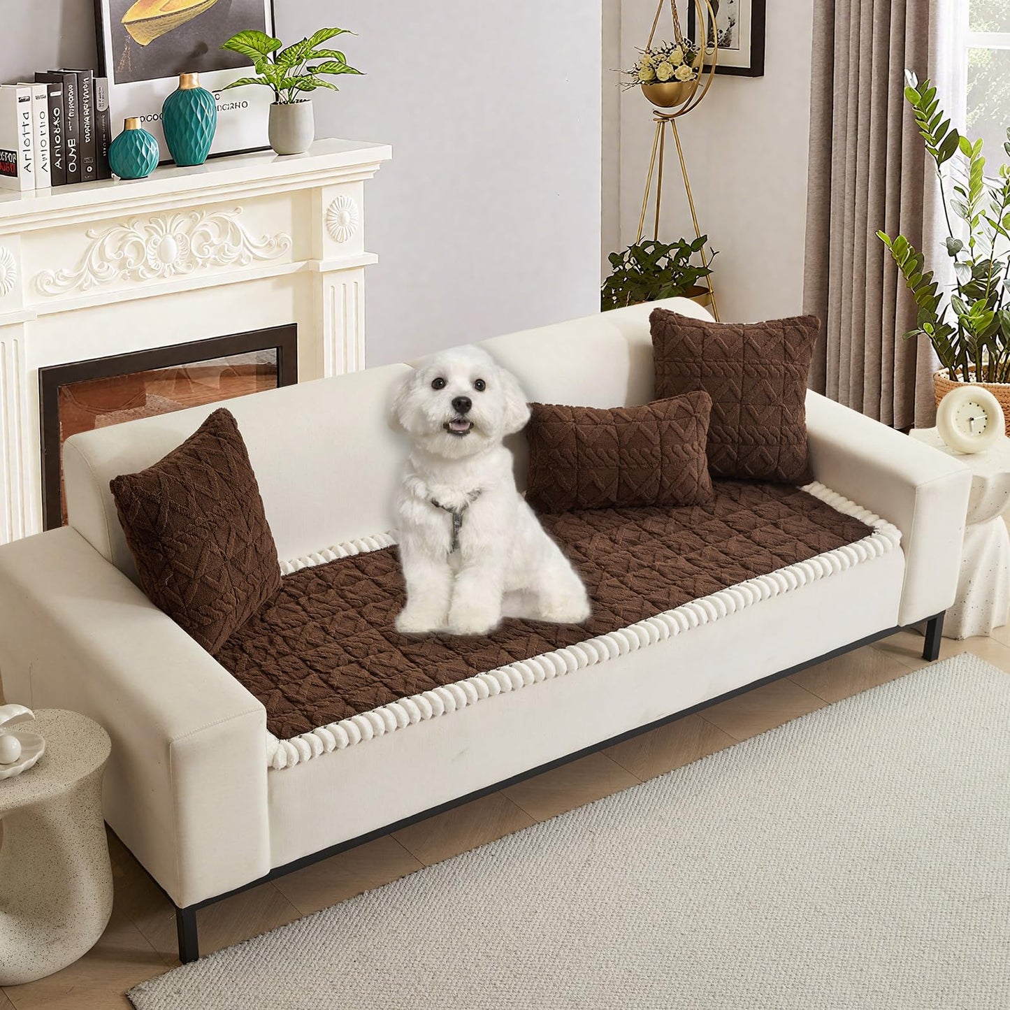 HANDONTIME Funny Fuzzy Couch Covers for Pets Washable Jacquard Geometric Dog Sofa Cover Plush Couch Protector for Dogs Non-Slip Durable Comfortable Pet Furniture Cover (Chocolate, 27.6" x 70.9")