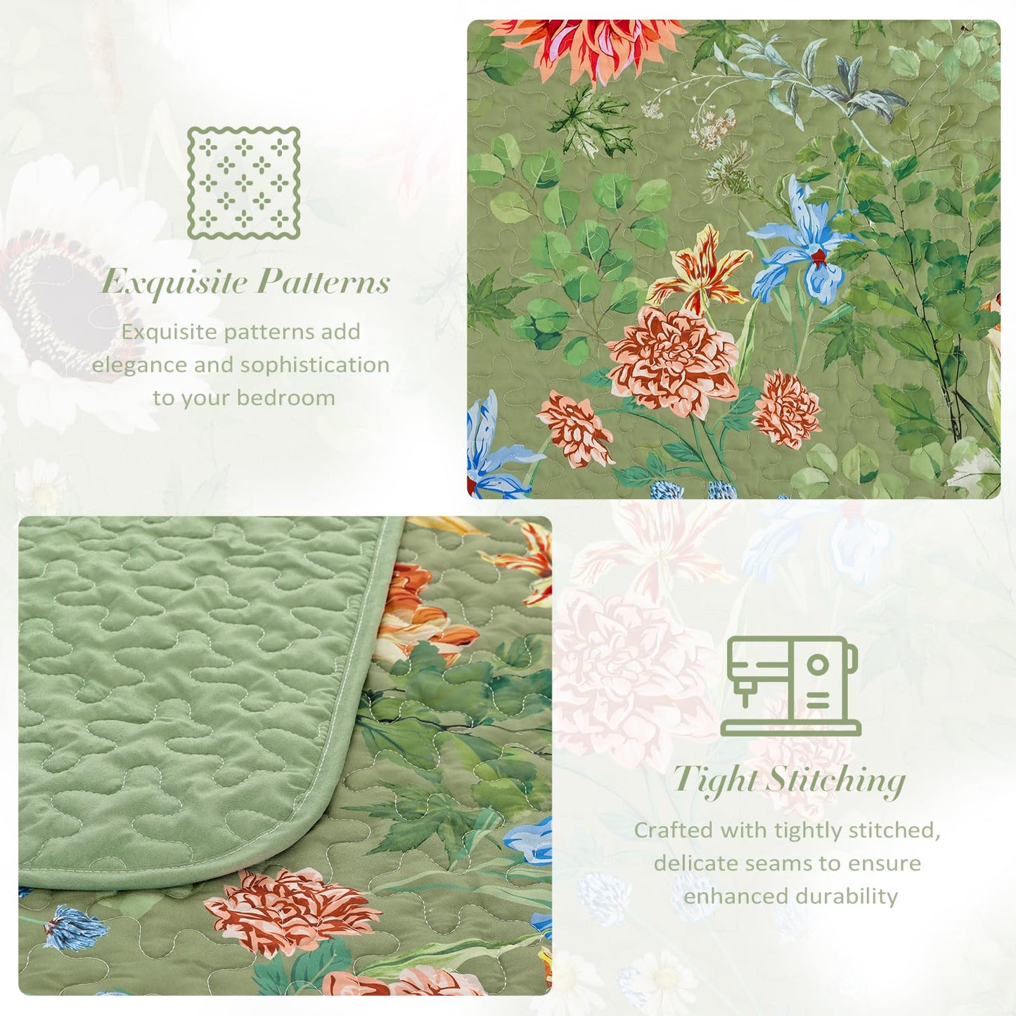 Yiran Floral King Size Quilt, Green Floral Bedspreads Bedding Set, 3 Pieces Botanical Spring Summer Soft Lightweight Coverlet with 2 Pillow Shams for All Season 106x90 Inch
