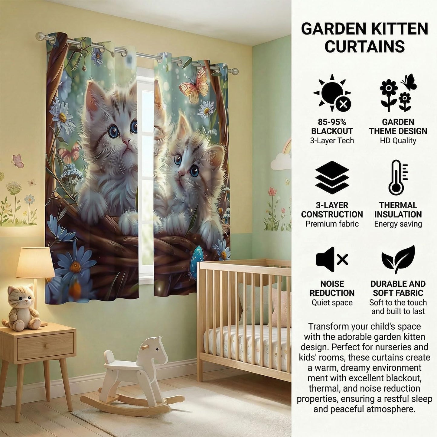 Sordcoz Cat Blackout Curtains for Girls Bedroom — Kawaii Kitty Print Room Darkening Drapes with Silver Grommets, Thermal Insulated 2 Panels Window Curtains for Kids Room & Nursery, 42 x 45 Inch