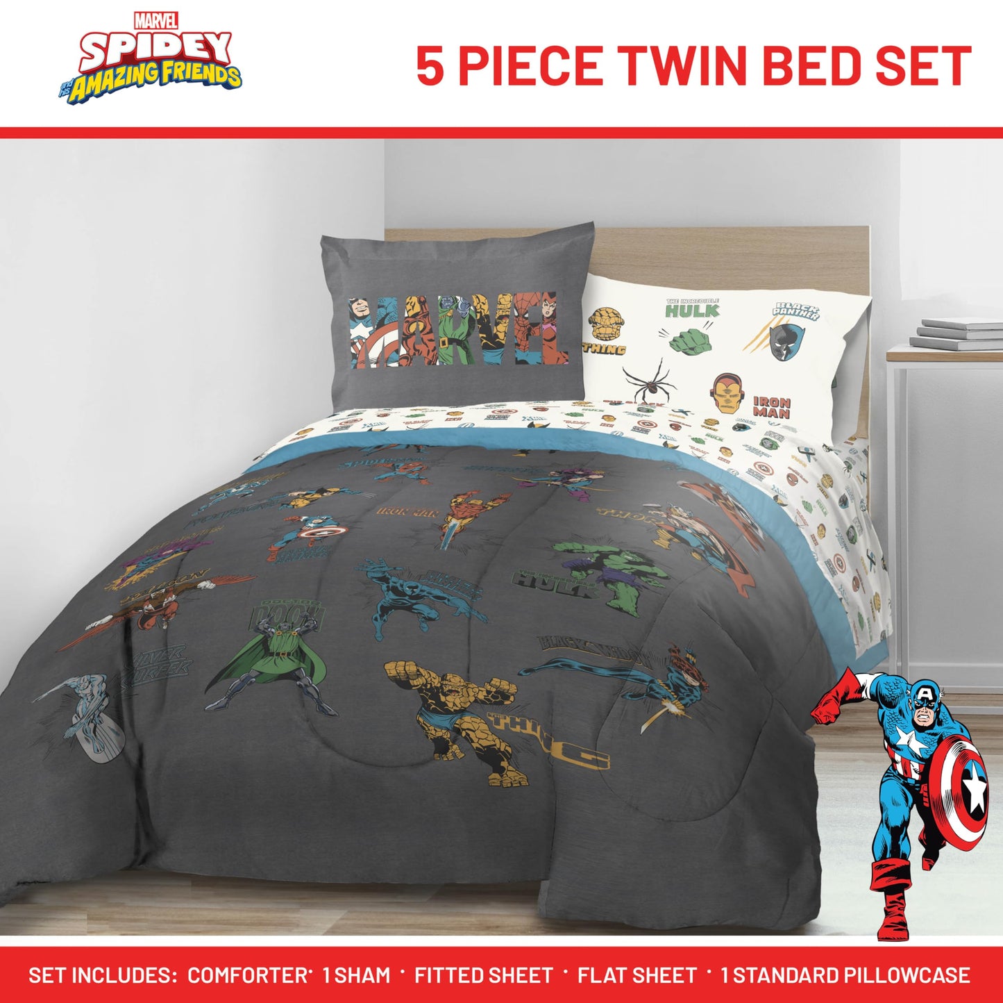 Jay Franco Kids Comforter Set Includes Sheets and Pillow Covers - Soft and Cozy Bed Set for Stylish Room Decor, Official Licensed Bedding, Gray - Marvel Comics, 5 Piece Twin