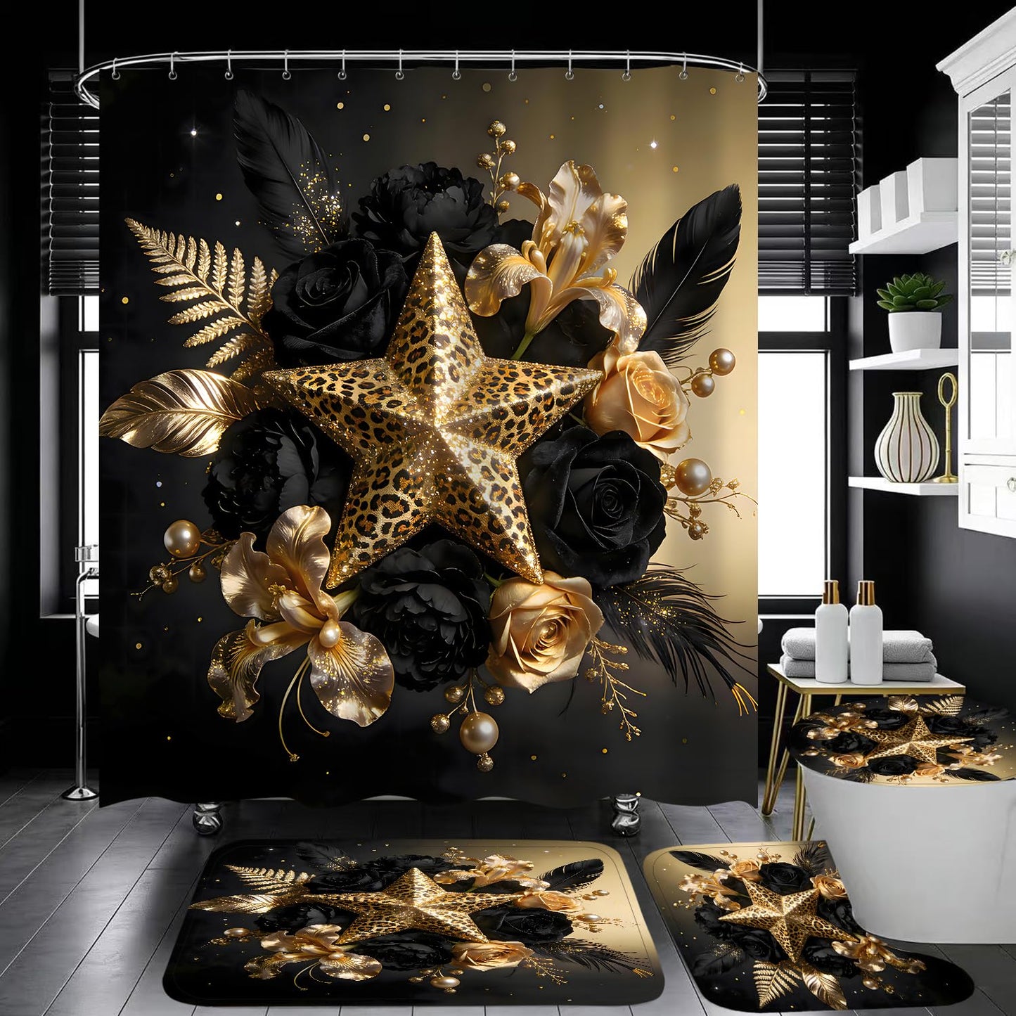 Black and Gold Shower Curtain Sets with Rugs, Luxury Leopard Star Floral Bathroom Decor, 4 Piece African Animal Print Bath Set with Non-Slip Rug, Toilet Lid Cover and Bath Mat, Waterproof Fabric