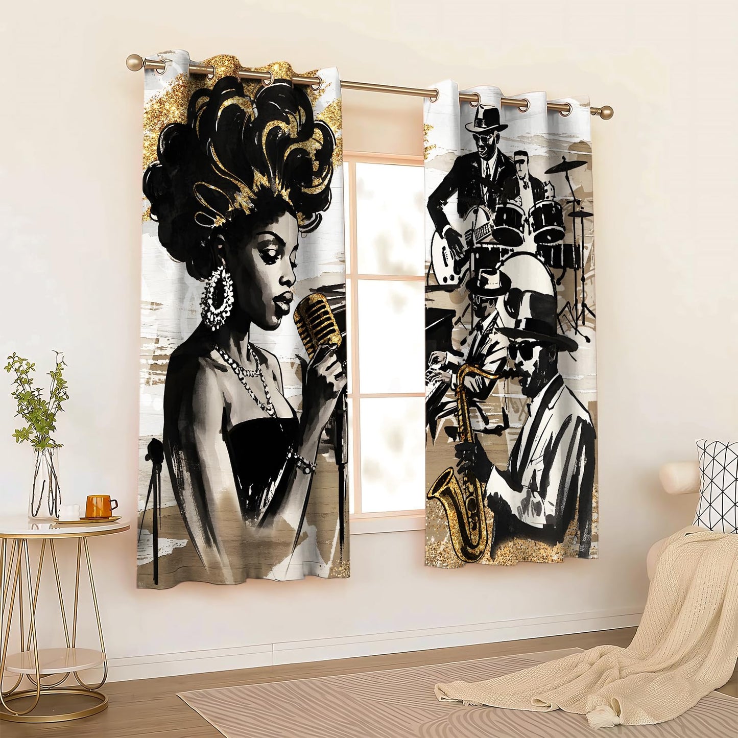 HIYSMT American Woman Jazz Music Curtains African Black Girl Singing Jazzist Band Blackout Curtain Afrocentric Black Gold Modern Art Treatments for Music Room Bedroom 4263inch 2Panel HI033DX