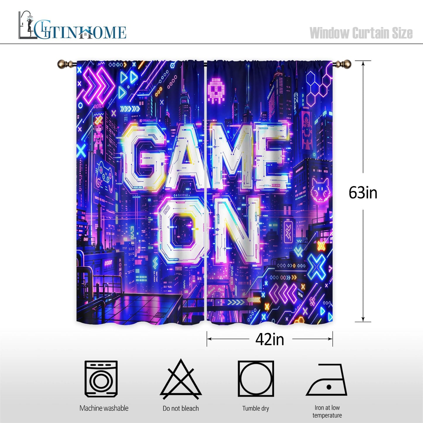 LIGHTINHOME Neon Game Curtains 42Wx63H Inch Boys Modern City Night Video Games Boys Cool Game On Urban Gaming Quotes Skulls Rod Pocket Bedroom Living Room Window Drapes Treatment Fabric 2 Panels