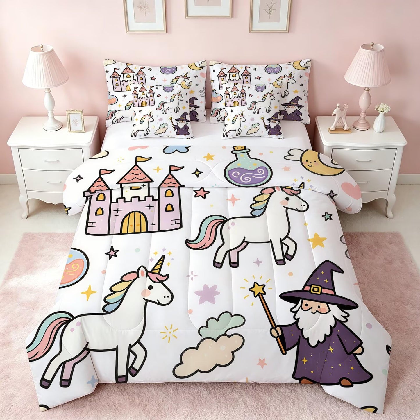FUYEUN Cartoon Cute Unicorn 7 Piece Twin Comforter Set for Girls Toddler