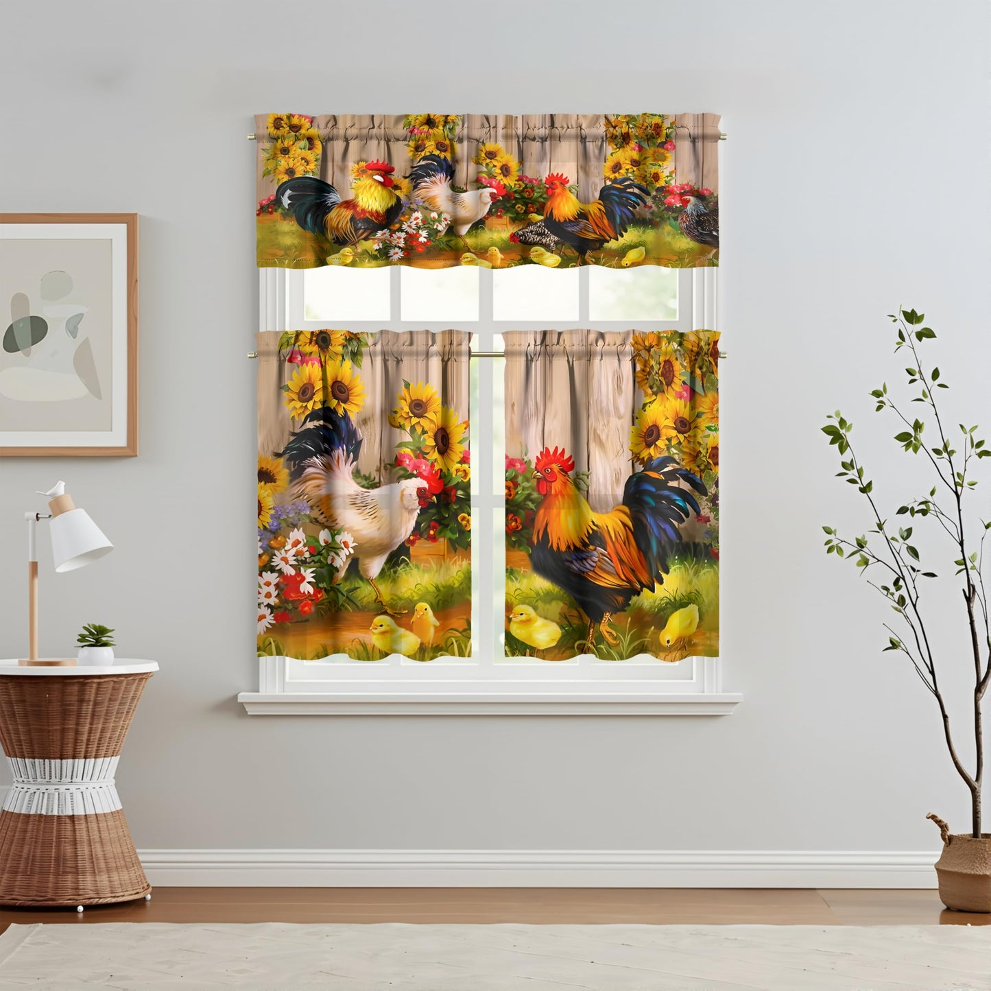 aiwkjdns 3 Piece Chicken Kitchen Curtains and Valances Set for Windows Rooster Kitchen Window Curtains Over Sink Decor 27.5x36 in