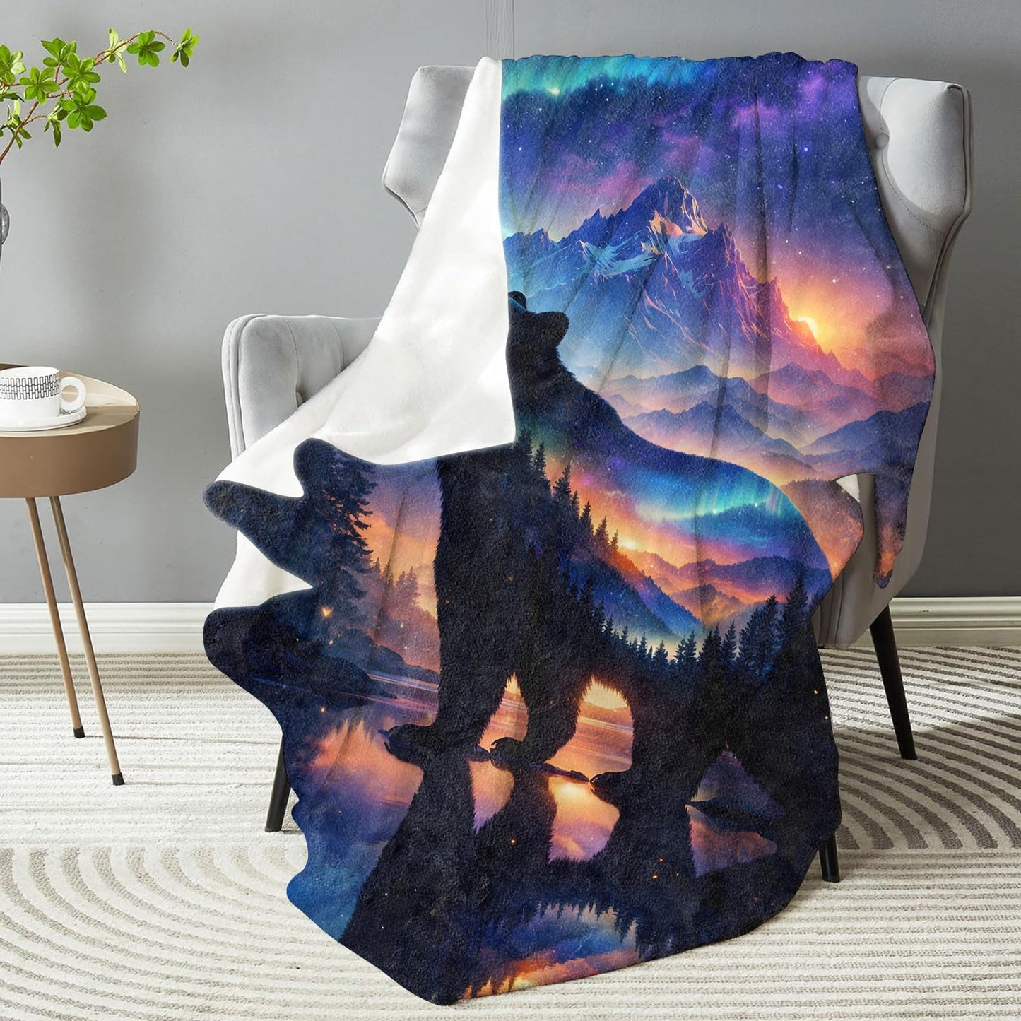 dhakalrlde Aurora Bear Mountain Blanket, Northern Lights Forest Wildlife Silhouette Landscape Throw Blanket Gifts for Women, Lightweight Warm Cozy 60×50 inch Galaxy Flannel for Couch, Bed, Decor