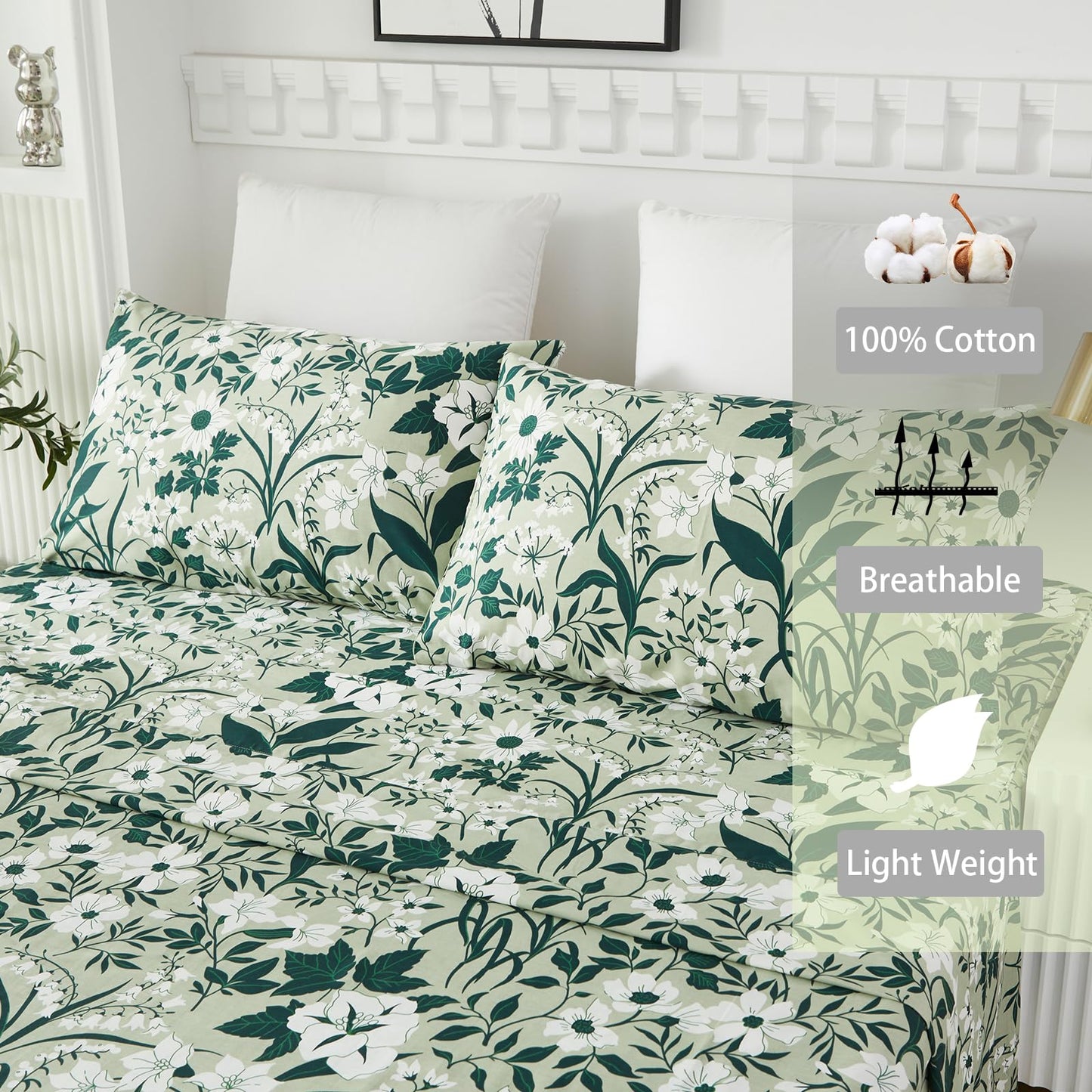 Helthep 100% Cotton Green Floral Printed Bed Sheets, Floral Sheet Set King with 17.5" Deep Pocket, 4Pcs Botanical Patterned Sheets for King Size Bed