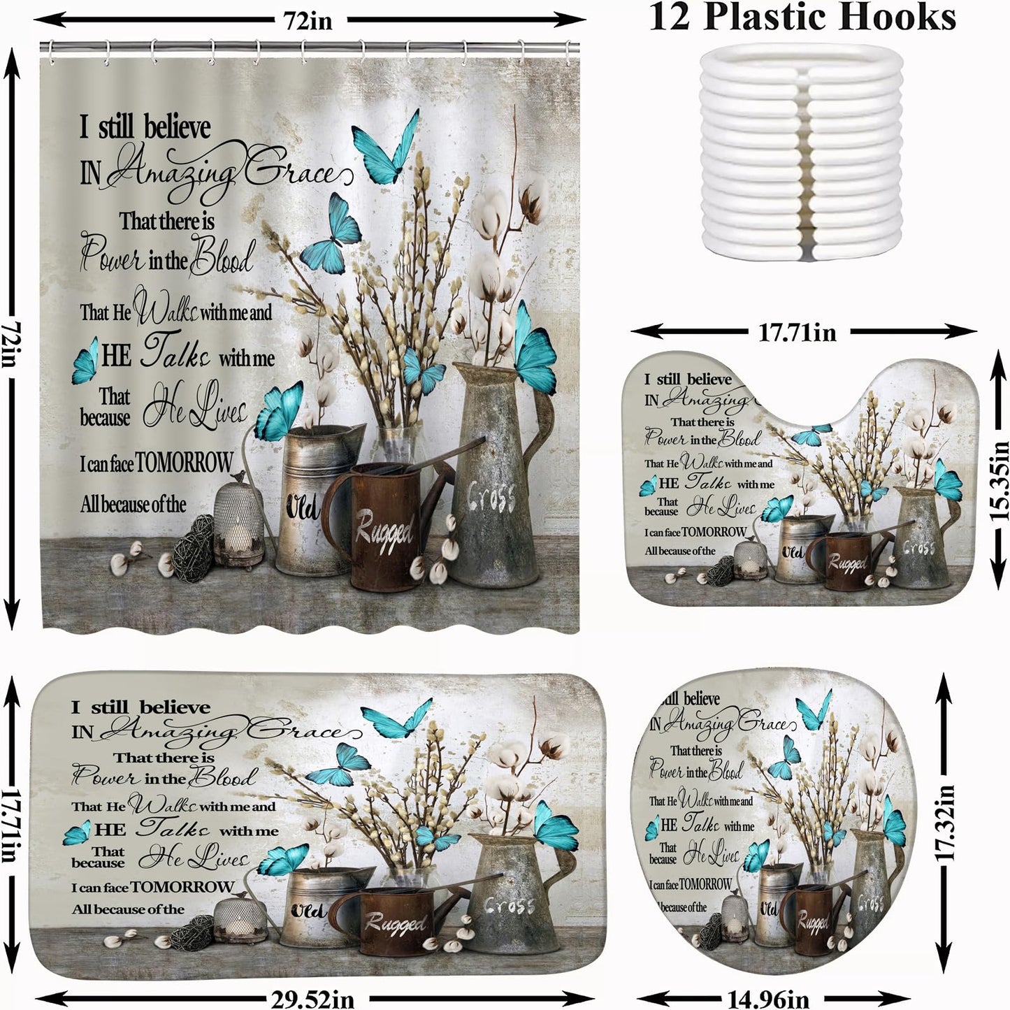 ALEXEX 4 PCS Floral Bible Verse Shower Curtain Sets,Inspirational Quotes Bathroom Set with Shower Curtain and Rugs and Accessories,Farmhouse Floral Blue Butterfly Shower Curtain Bathroom Decor 72 X 72