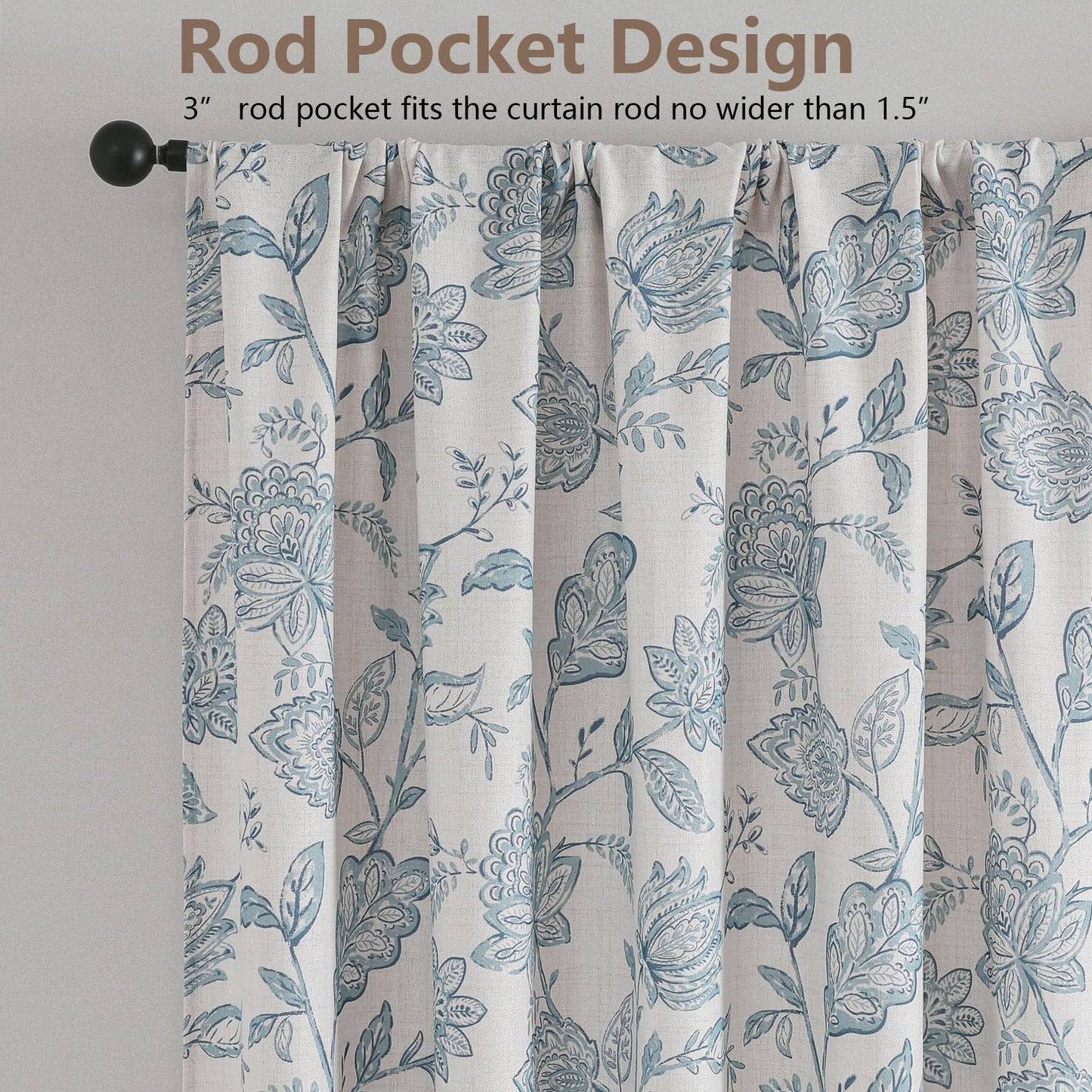 Ebesto Floral Curtains 63 Inch Length - Light Filtering Faux Linen Flower Printed Window Curtains for Bedroom, Rod Pocket No-See Through Privacy Drapes, 2 Panels, Each 40Wx63L Inches, Dusty Blue