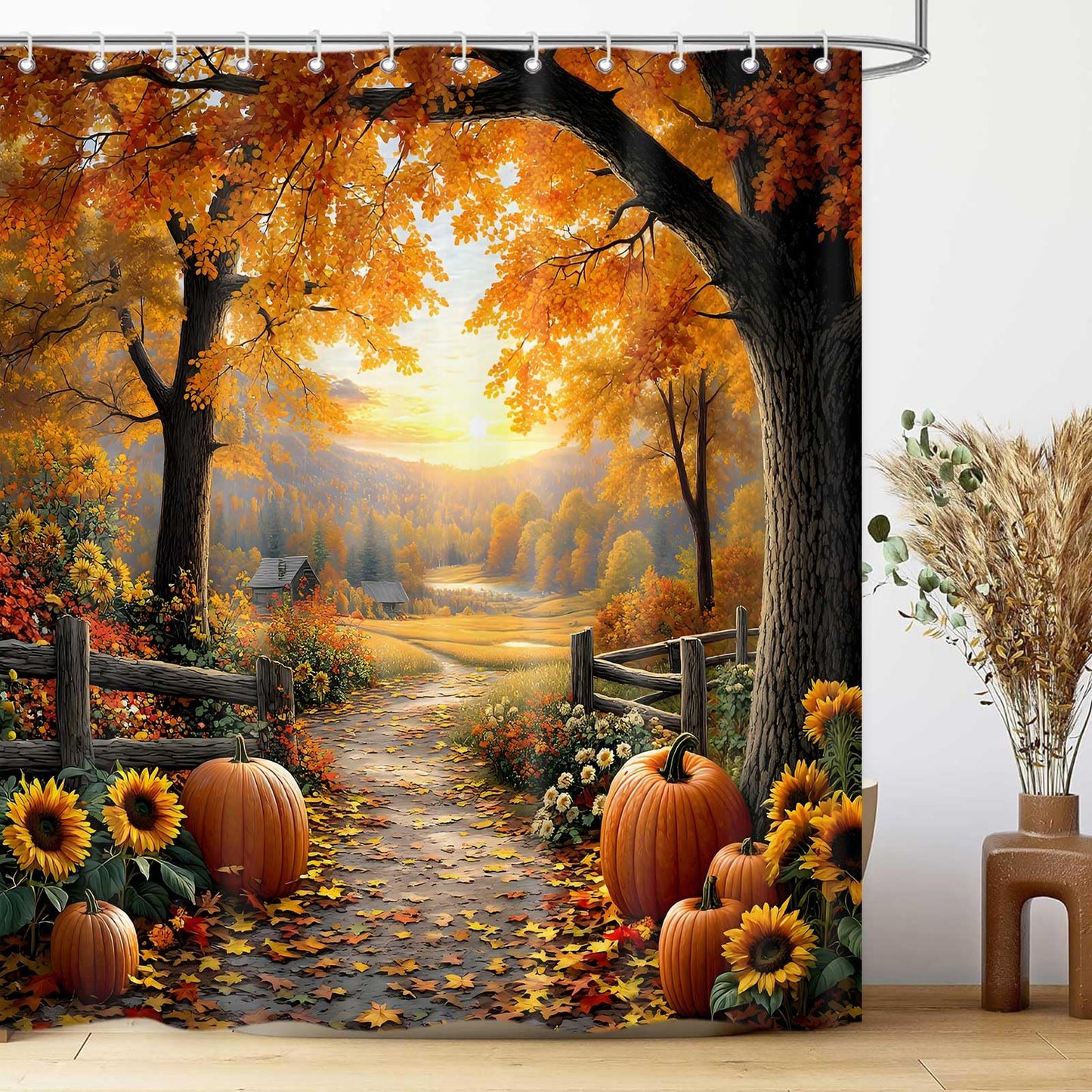 MDDGKH Fall Shower Curtains for Bathroom, Pathway in The Woods Autumn Tree Pumpkin Harvest Thanksgiving Shower Curtain, Cloth Fabric Bath Decor Set with Hooks, 71 x 71 Inch
