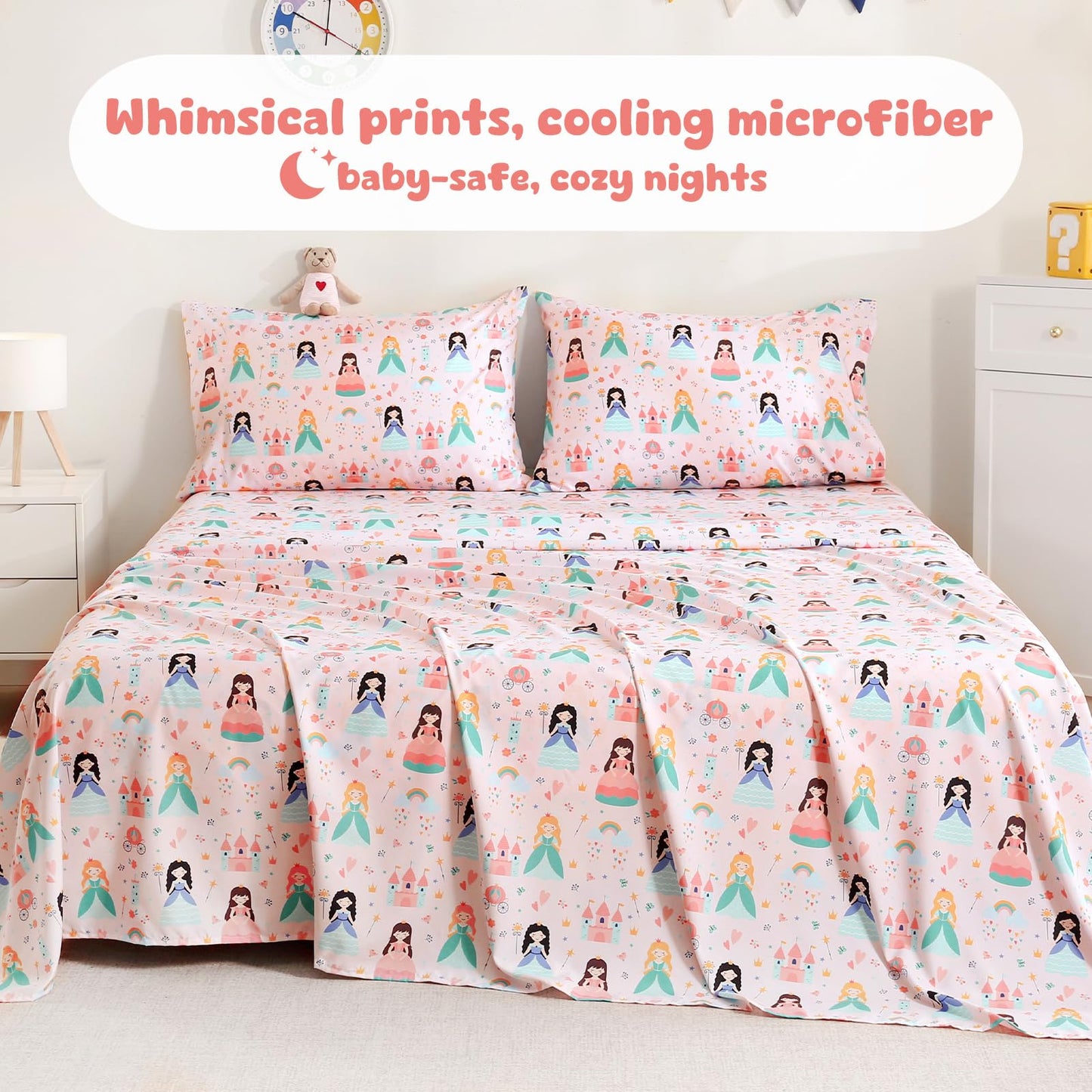 LONAVA Twin Sheet Set Kids - 3 Pieces Soft Microfiber Cartoon Style Bedsheets for Boys Girls Teens, Oeko TEX, Breathable Deep Pocket Sheets, (Princess)