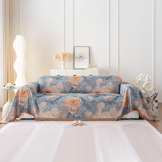 VClife Flower Couch Cover for Sectional Sofa Washable Sofa Cover, Modern Peach Blue Flower Sofa Couch Cover Breathable Anti-Slip Cotton Linen Sofa Slipcover with Tassel Aesthetic Sofa Cover 71"x118"