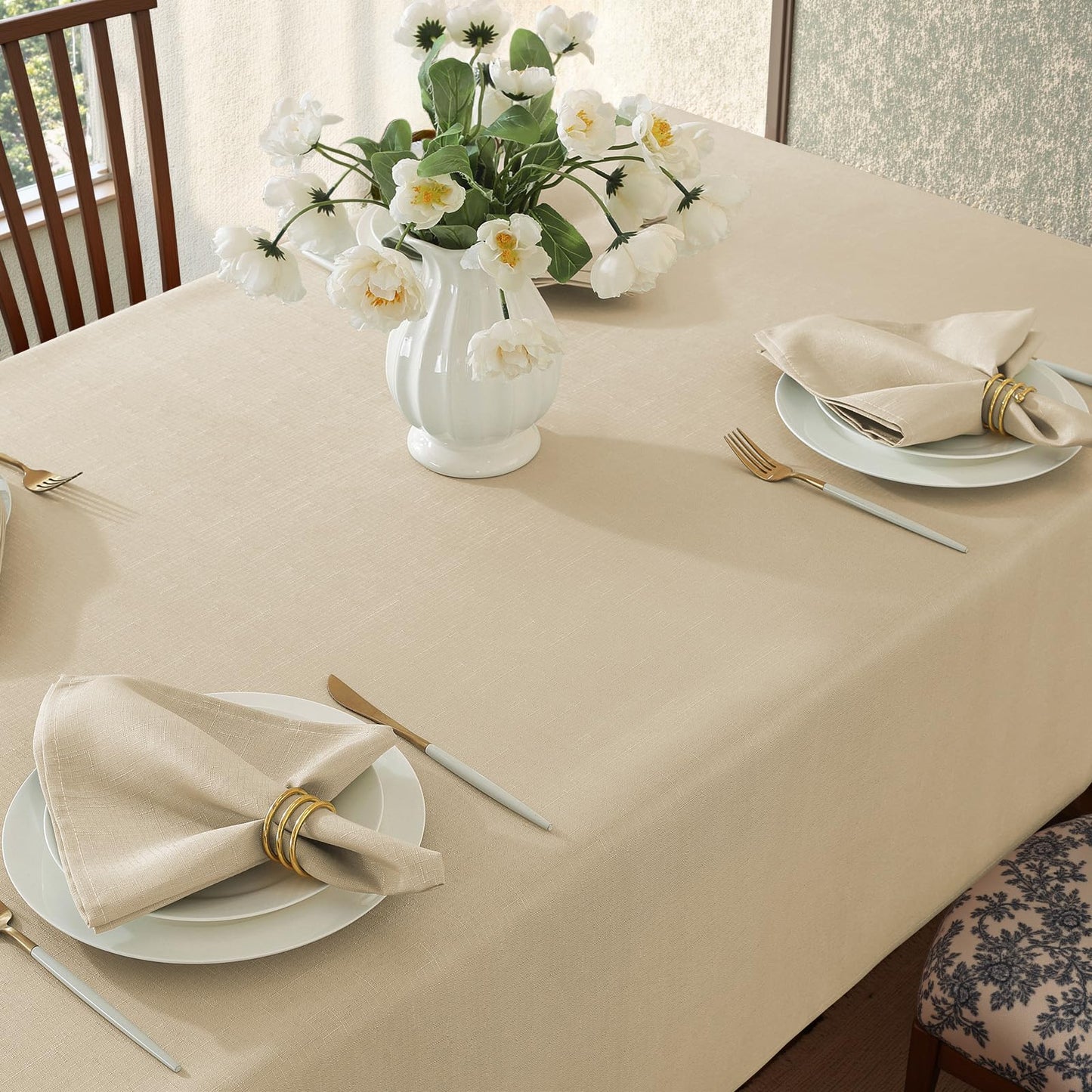 SASTYBALE Linen Tablecloth Rectangle Spillproof Table Cloth Wrinkle Resistant Washable Textured Linen Table Cover for Kitchen Dinning Parties Farmhouse Outdoor Beige 52" x 70"