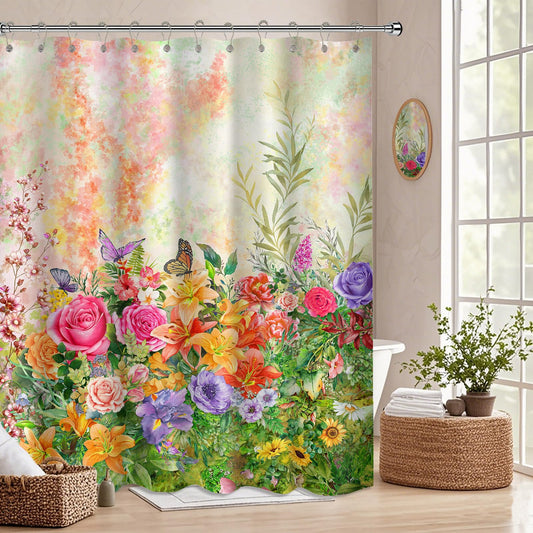Tonmue Spring Floral Shower Curtain Flower Colorful Butterfly Wildflower Watercolor for Women Bathroom Decor, Waterproof Cloth Fabric with Hooks 70" Wx72 L