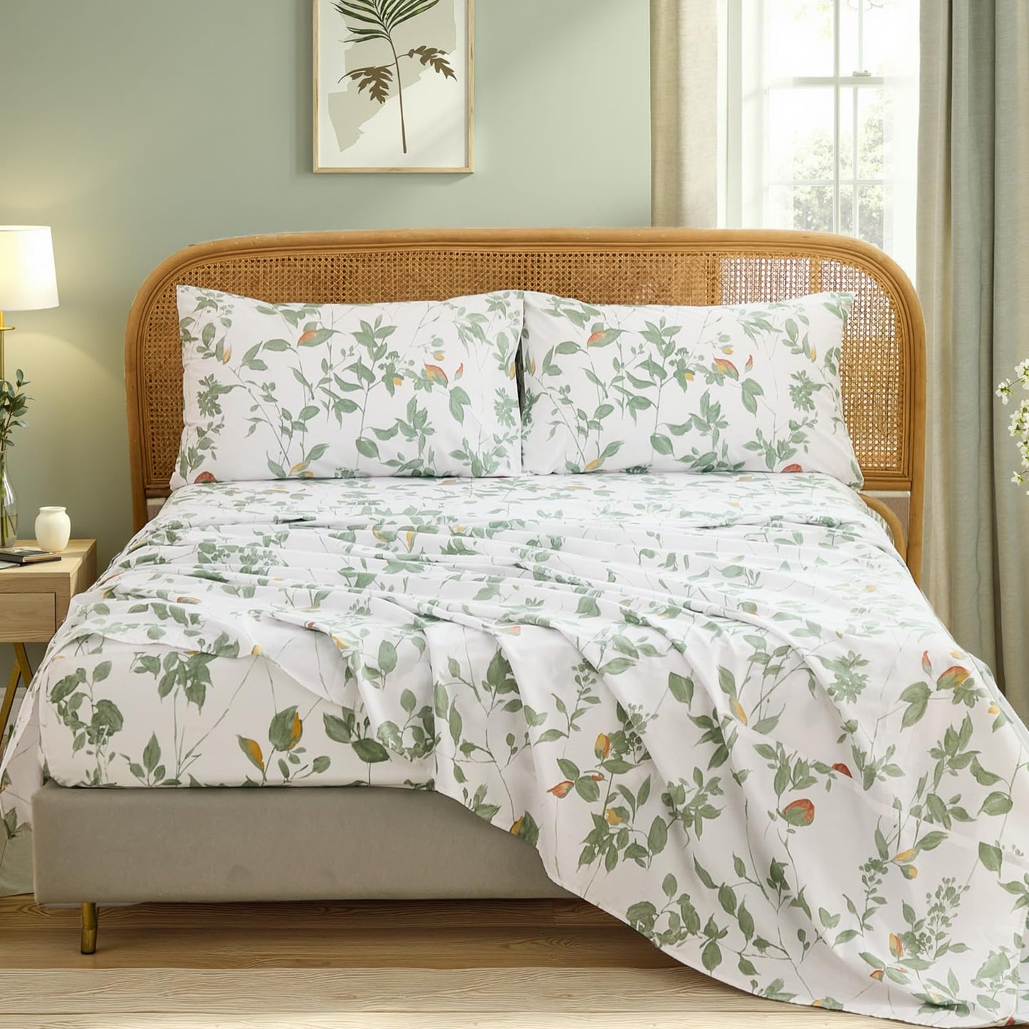 Cozaline 100% Cotton Sheets Set Queen Size – 4 Pieces Luxury Breathable Percale Cotton Bedding with Deep Pockets, Crisp Cool Feeling, Soft&Durable, Refined Botanical Elegance, Green Floral Bed Sheets