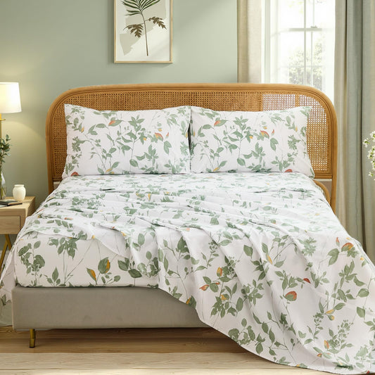 Cozaline 100% Cotton Sheets Set King Size – 4 Pieces Luxury Breathable Percale Cotton Bedding with Deep Pockets, Crisp Cool Feeling, Soft&Durable, Refined Botanical Elegance, Green Floral Bed Sheets
