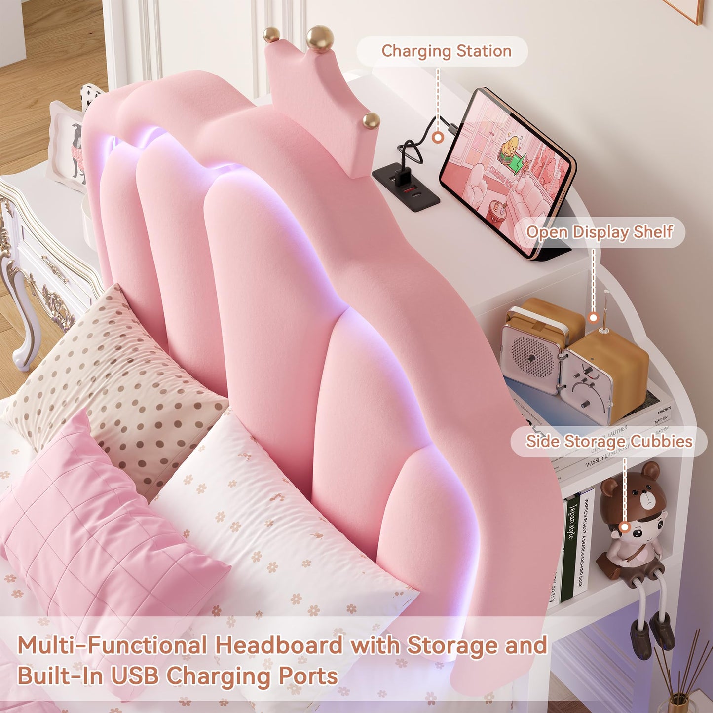 Keyluv Twin Floating Bed Frame with Led Lights & Charging Station, Princess Bed with Storage Bookcase Headboard, Velvet Upholstered Platform Bed with Cloud-Shaped Footboard for Girls, Noise free, Pink