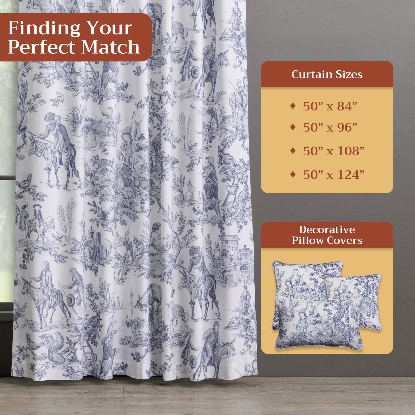 Maison d' Hermine Curtains for living room 100% Cotton 96 inch length One Panel Light Filtering Toile Curtains for Bedroom with rod and loop Pockets (The Miller Blue (White Background), 50"W x 96"L)
