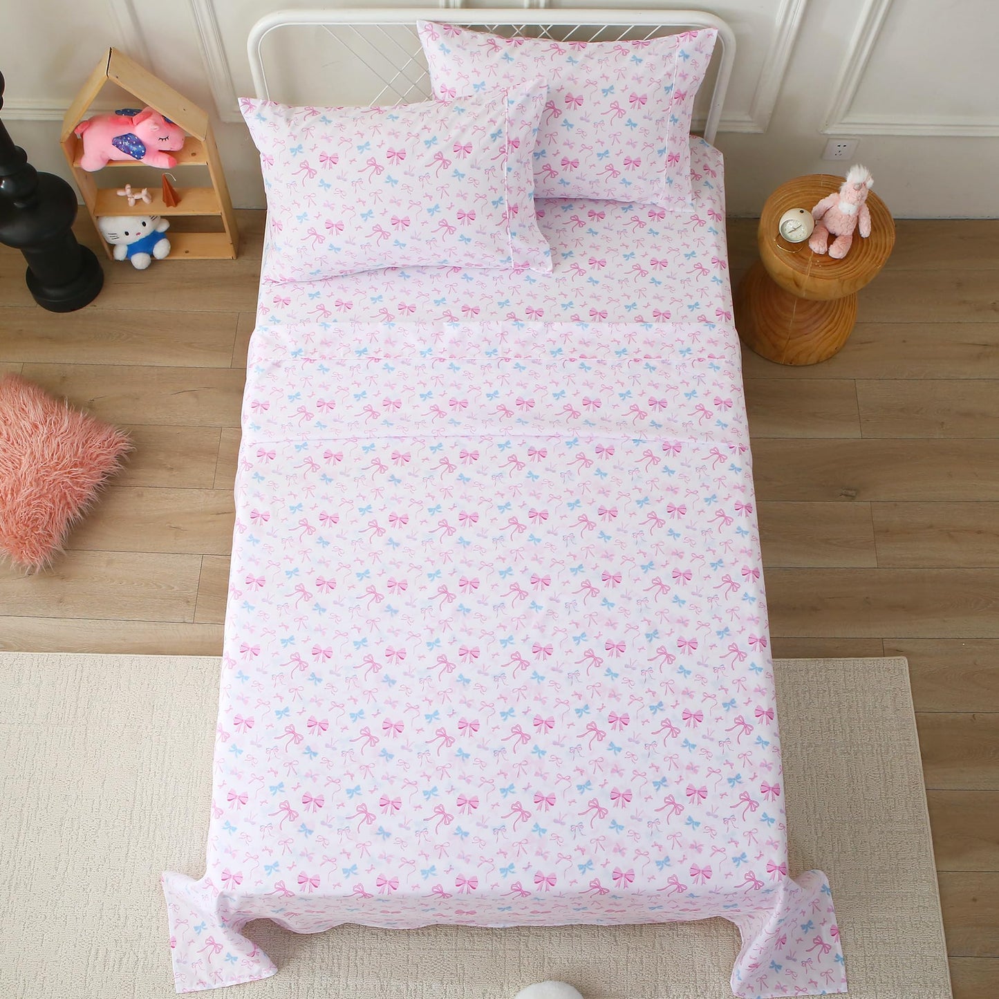 Softan Kids Bed Sheet Set, Girls Full Size Kids Sheets, Microfiber Fitted Sheet and Pillowcase, Breathable and Silky Soft, 4 Piece Colourful Bowknot Printed Full Bed Sheet