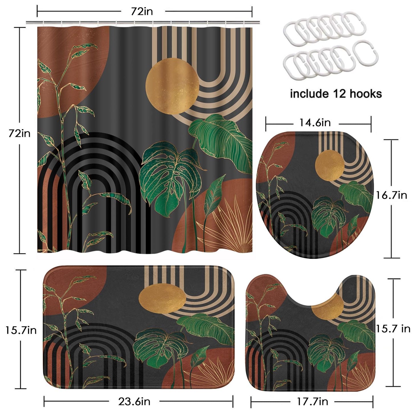 Tayney Brown Boho Mid Century Shower Curtain Set with Toilet Lid Cover and Non-Slip Rugs, Abstract Retro Grey Background 4 Pcs Modern Minimalist Aesthetic Shower Curtain for Bathroom Set with 12 Hooks