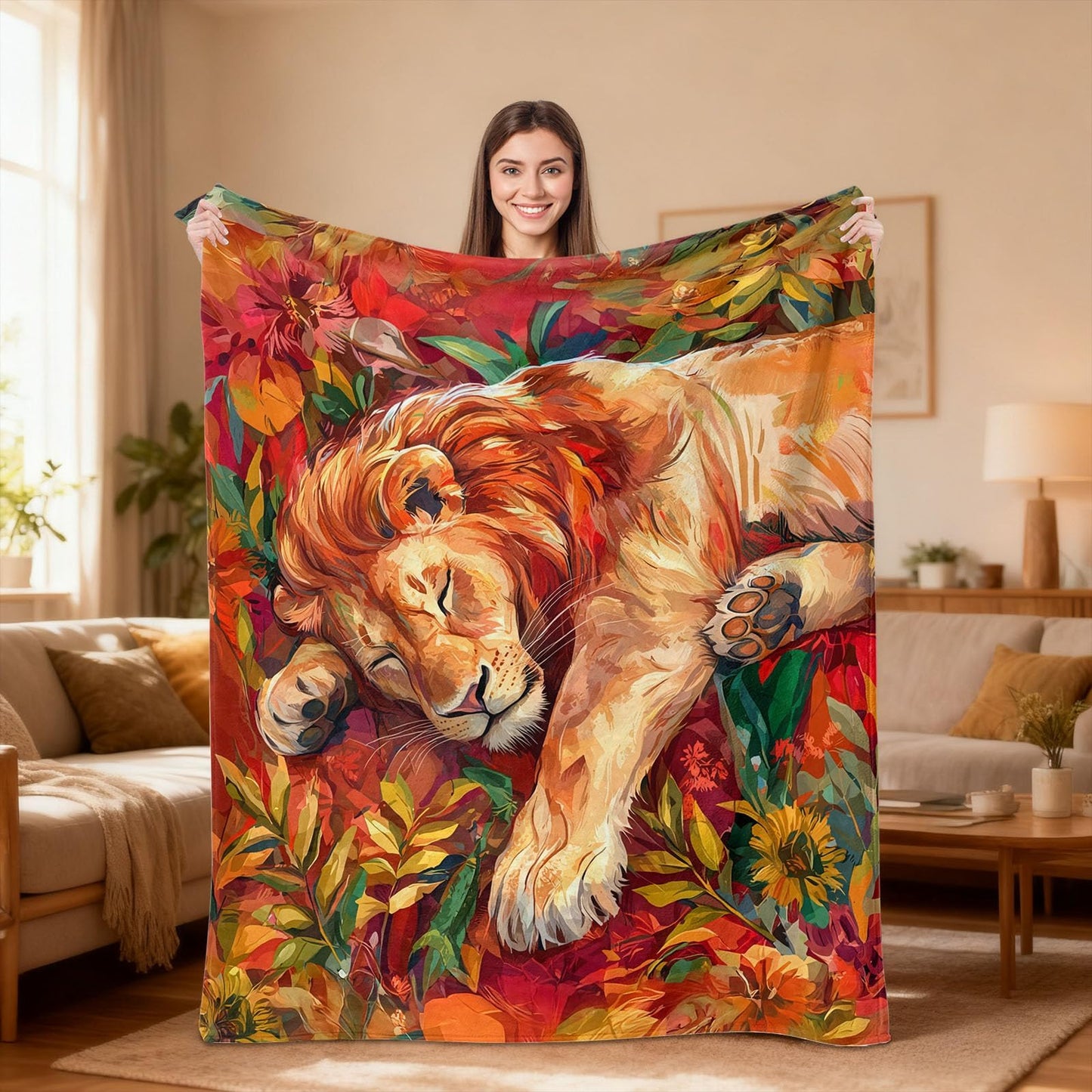 kampdream Lion Throw Blanket, Cozy Flannel Blanket with Sleeping Lion and Autumnal Foliage Design, Super Soft Nap Warm Blanket for Couch Sofa Chair Living Room Unique Gift Red 50×60 inch
