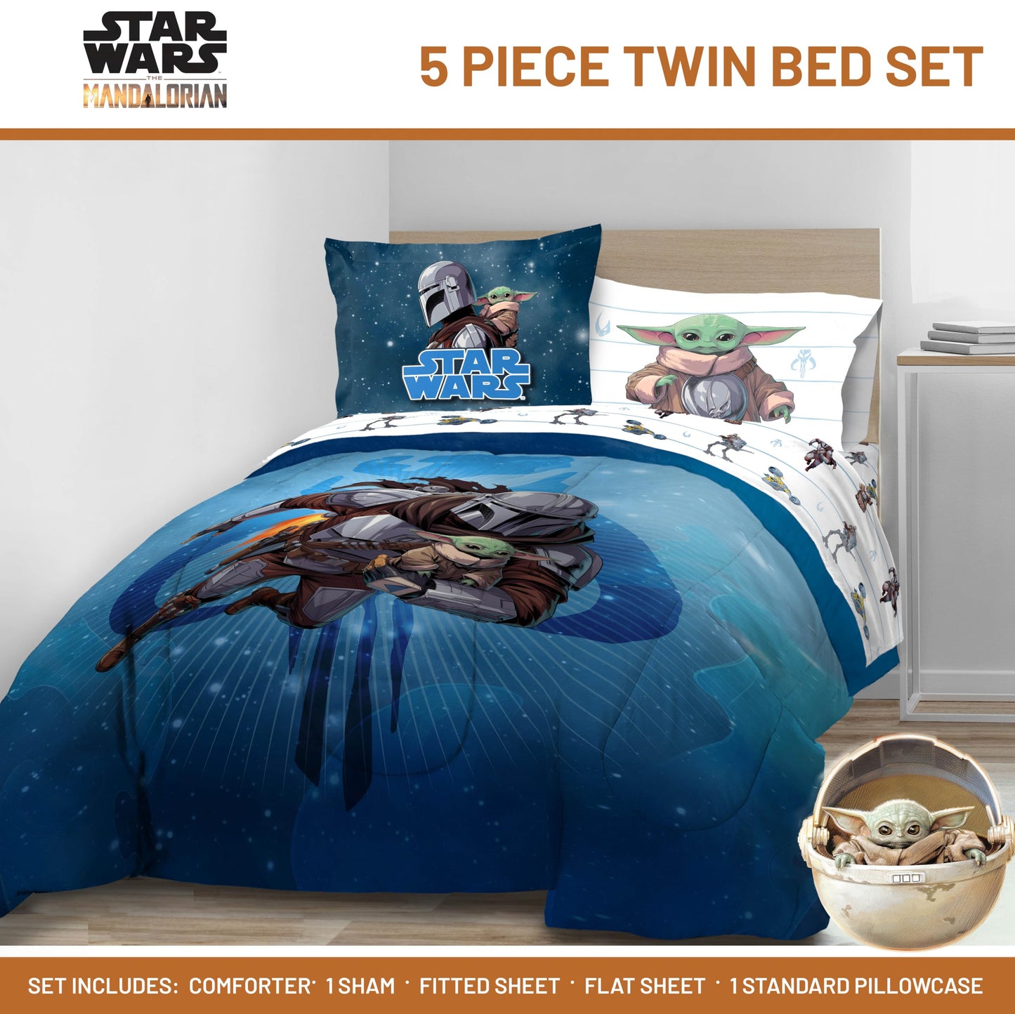Jay Franco Kids Bed Set, Blue, The Mandalorian, 5 Piece Twin